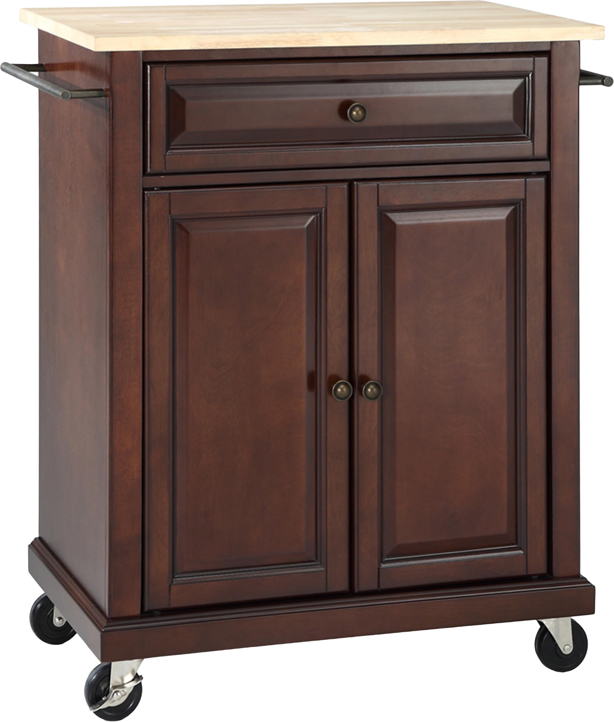 Crosley Compact Wood Top Rolling Cart with Shelves - Microwave Stand with Towel Rack, Mahogany - Perfect for Kitchen, Bathroom, or Office Storage and Organization
