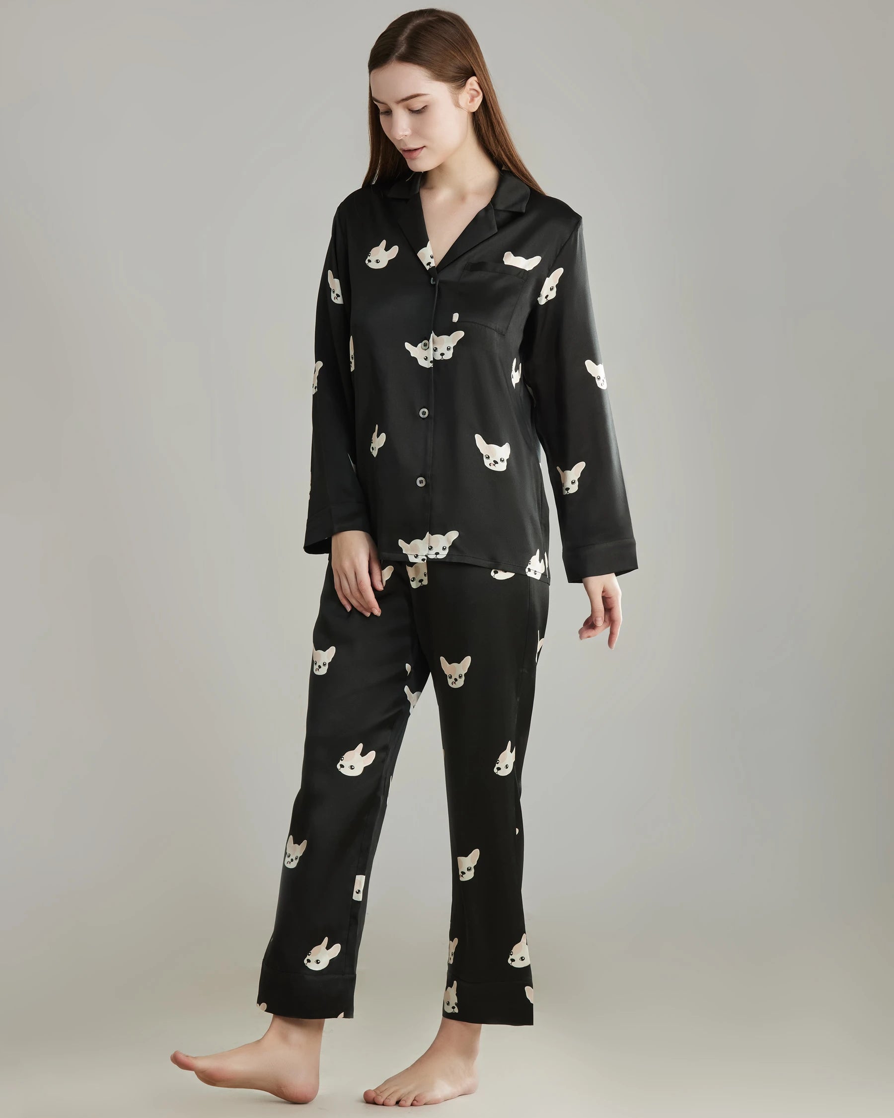 Soft & Comfortable Puppy Print Silk Pajama Set for Women - Cute Animal Pajamas for Sleepwear, Lounge Wear & Relaxing at Home