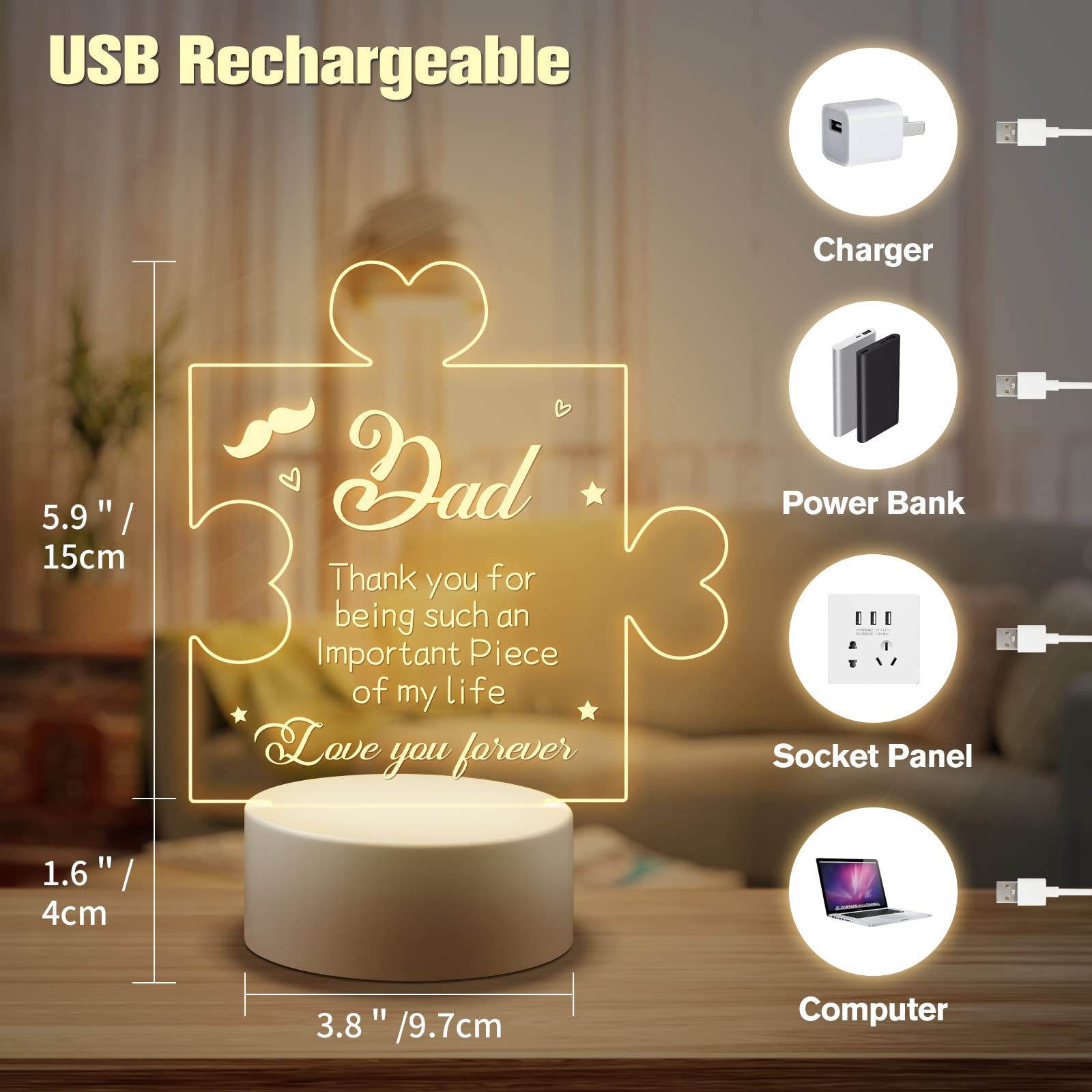 Personalized Engraved Night Light for Dad - Modern White Acrylic LED Bedside Lamp - Perfect Father's Day Gift, Christmas Present & Home Decor for Bedroom, Nursery, or Office
