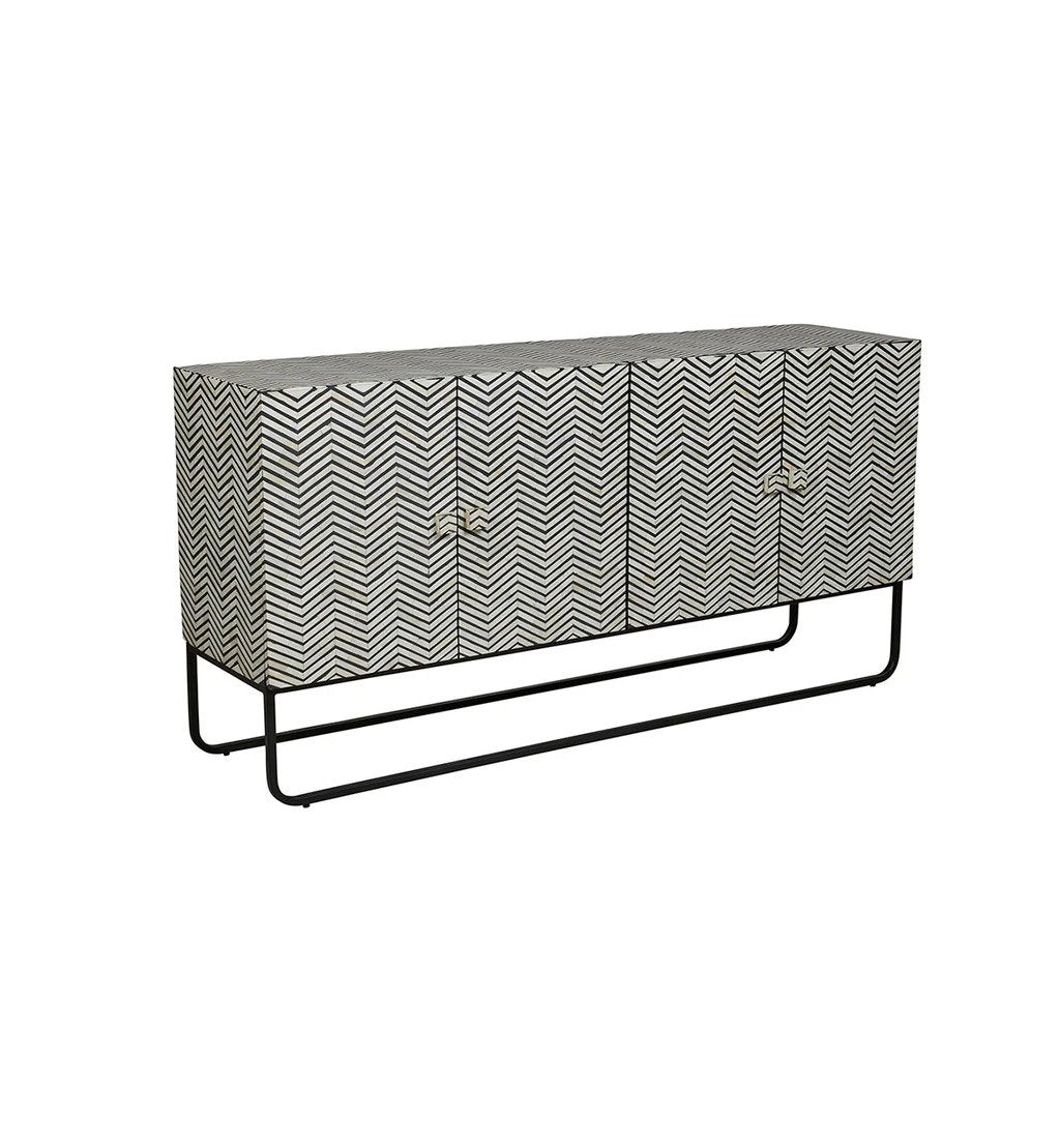 Handmade Bone Inlay Sideboard with Iron Legs - Handcrafted Thin Zig Zag Pattern Credenza Cabinet for Living Room, Dining Room & Bedroom Storage