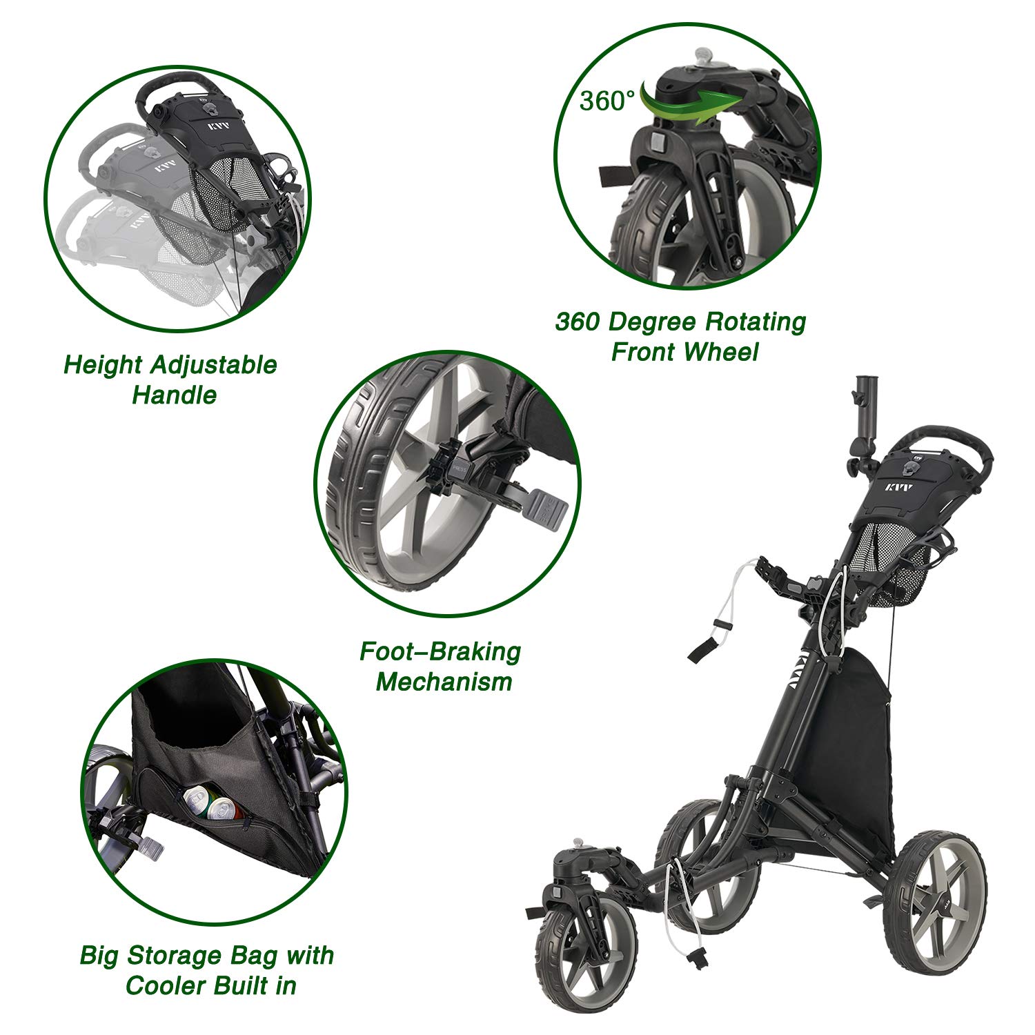 KVV 3-Wheel Golf Push Cart with 360° Rotating Front Wheel - One-Second Folding Design, Includes Free Umbrella Holder | Perfect for Golf Courses, Driving Ranges & Outdoor Sports