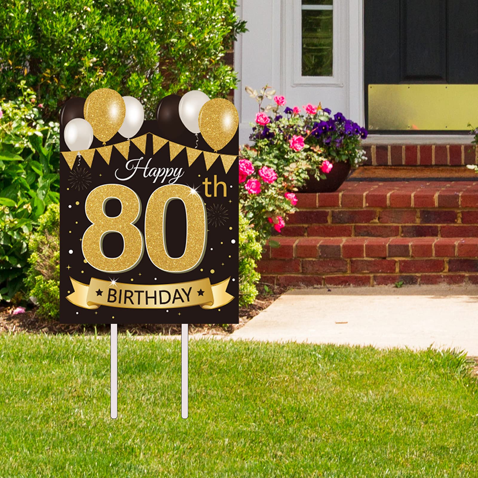 Large Happy 80th Birthday Party Yard Sign - Black & Gold 80th Birthday Lawn Decor with Stakes | Outdoor Celebration Decorations for Anniversary, Retirement & Milestone Events