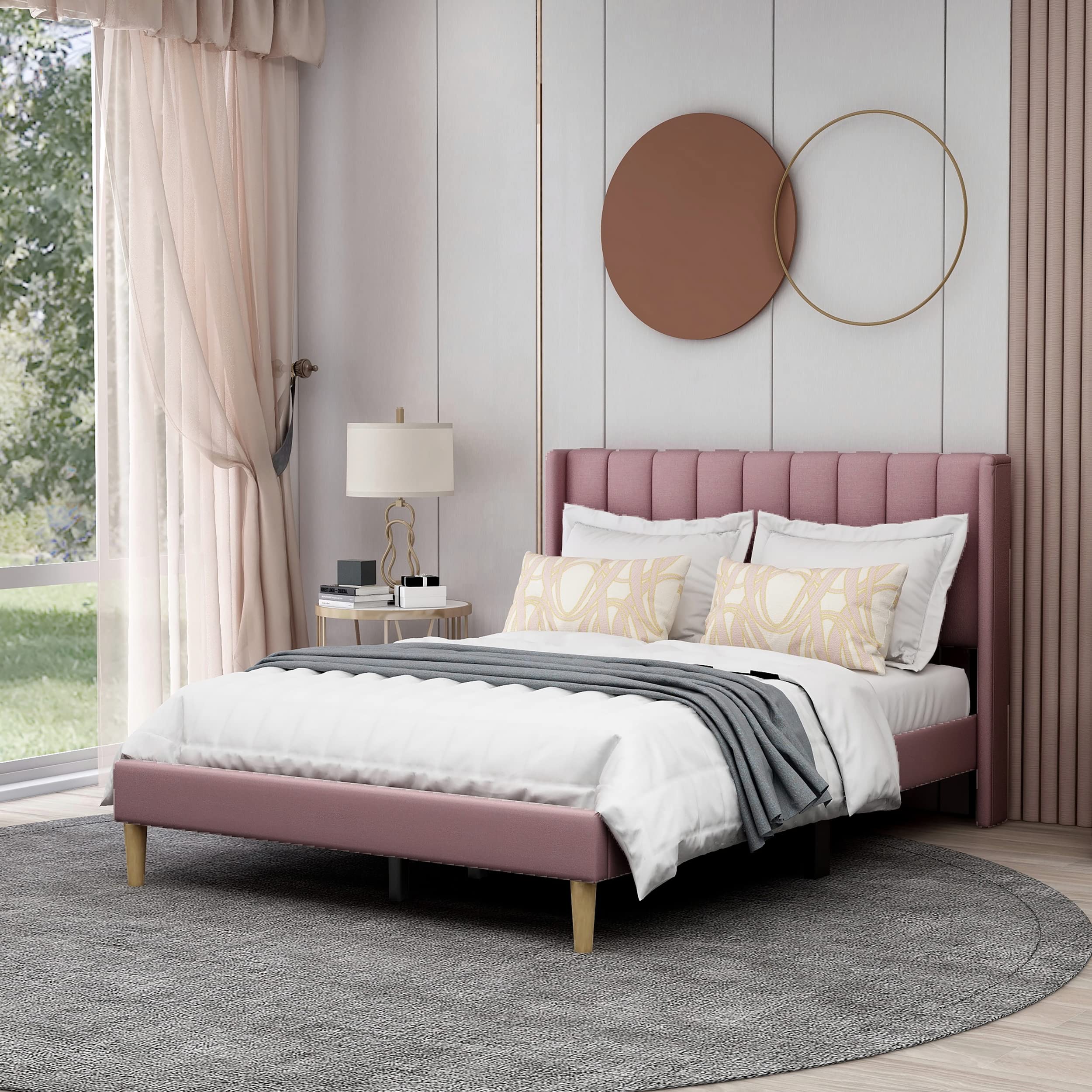 AGARTT Full Size Upholstered Platform Bed Frame with Headboard - Wooden Slats Support, No Box Spring Needed, Easy Assembly in Pink | Modern Bedroom Furniture for Small Spaces & Guest Rooms
