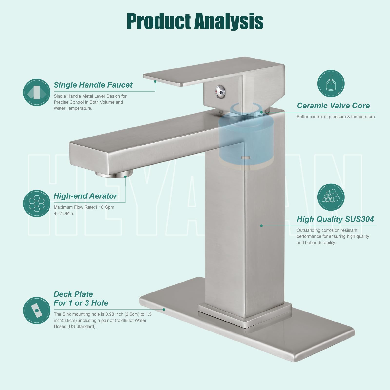 Premium SUS304 Stainless Steel Single Handle Bathroom Sink Faucet - 1 Hole Deck Mount Basin Mixer Tap with Drain - Brushed Nickel Finish for Vanity & Lavatory - Perfect for Modern Bathrooms & Powder Rooms