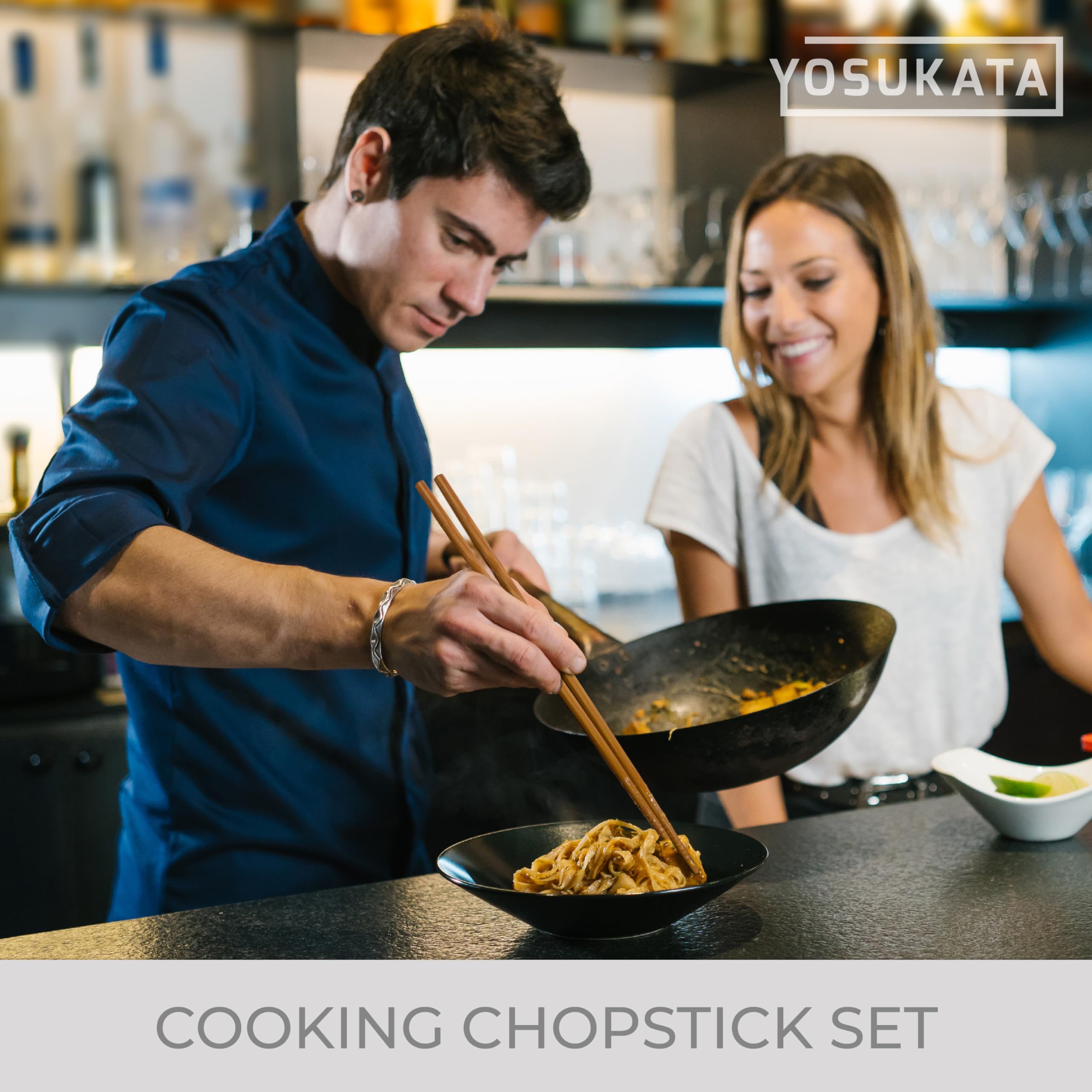 YOSUKATA 3-Pair Reusable Natural Wooden Cooking Chopsticks Set - 11.8