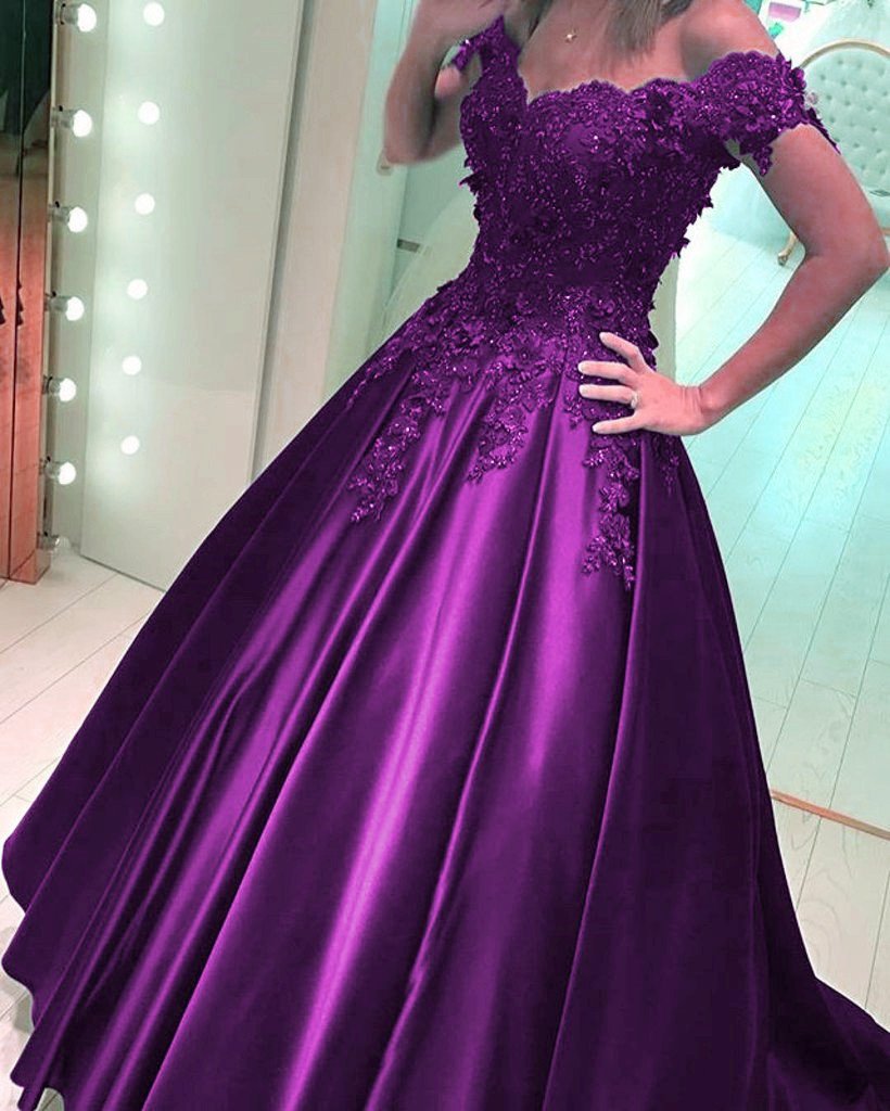Elegant Ball Gown Satin Dress with 3D Lace Flowers - Off Shoulder Formal Gown for Prom, Wedding & Evening Events