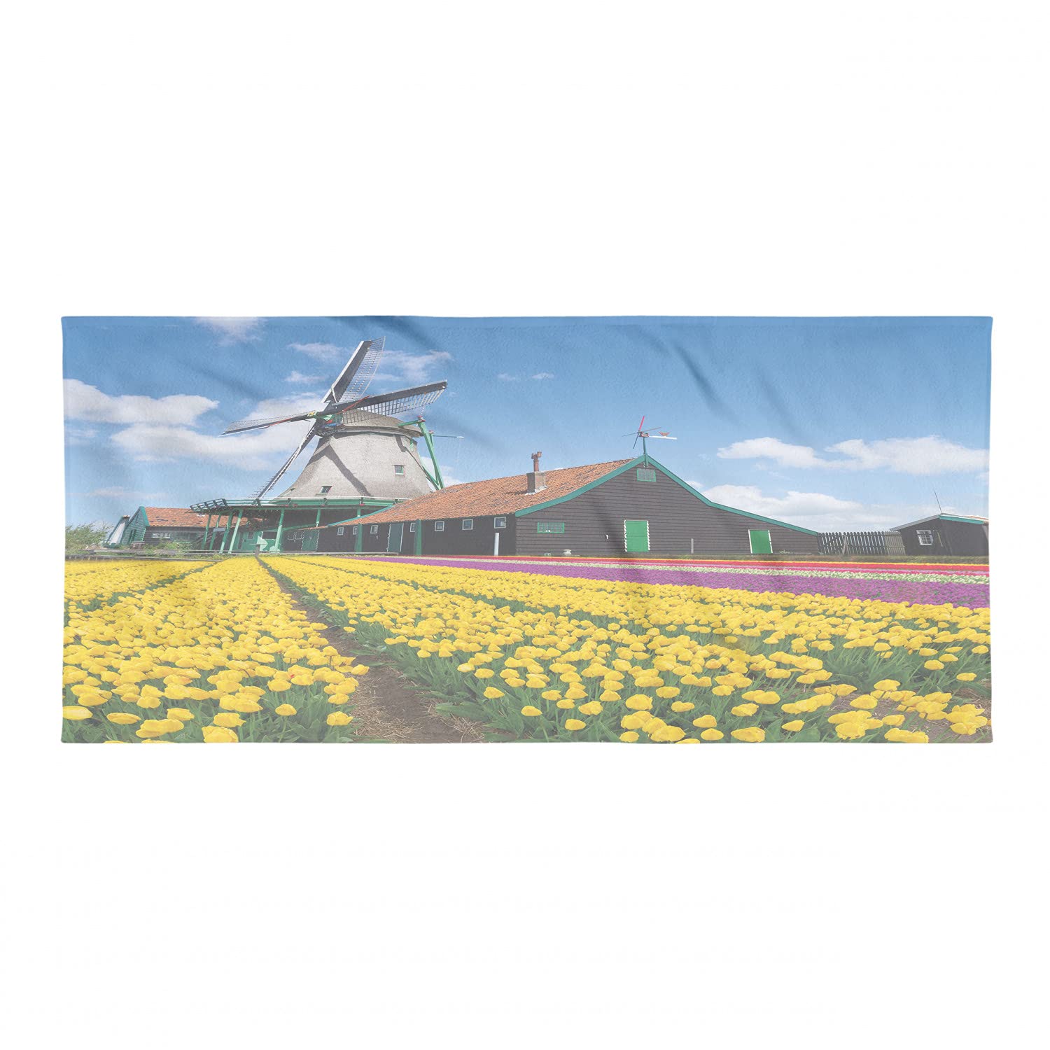 Ambesonne Windmill Camping Towel - Quick Dry Lightweight Microfiber Travel Towel for Backpacking, Hiking & Beach - Rustic Dutch Landscape with Colorful Yellow Tulips Design - Compact & Ultra Absorbent - Perfect for Outdoor Adventures, Travel & Gym Use