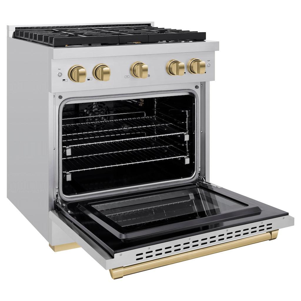 ZLINE Autograph Edition 30-inch 4.2 cu. ft. Stainless Steel Gas Range with 4 Burner Cooktop & Convection Oven - Polished Gold Accents (SGRZ 30 G) for Professional Home Kitchens & Gourmet Cooking