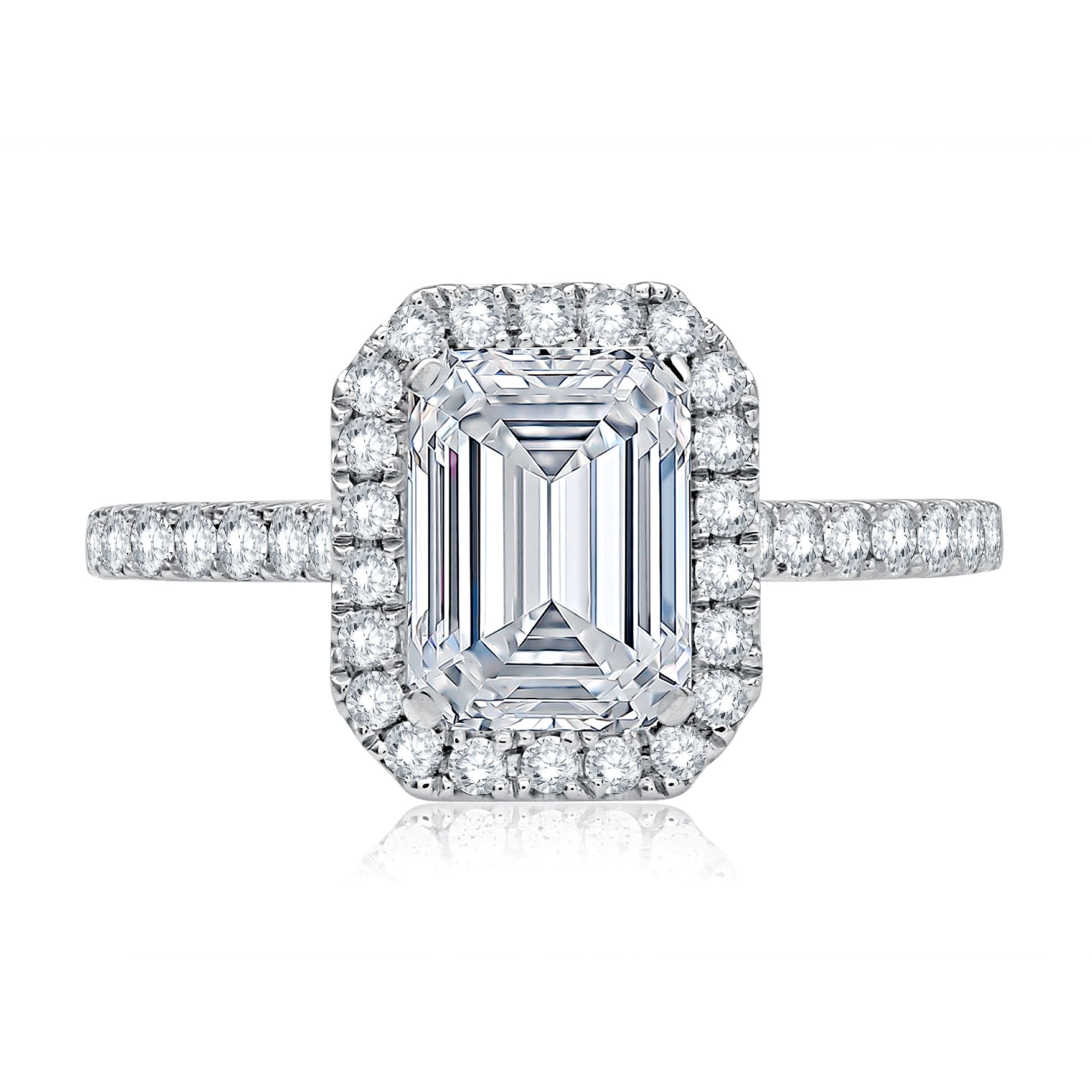 Emerald Cut Diamond Halo Engagement Ring - 14K White Gold Wedding Band with Quilted Interior for Proposal, Anniversary & Special Occasions
