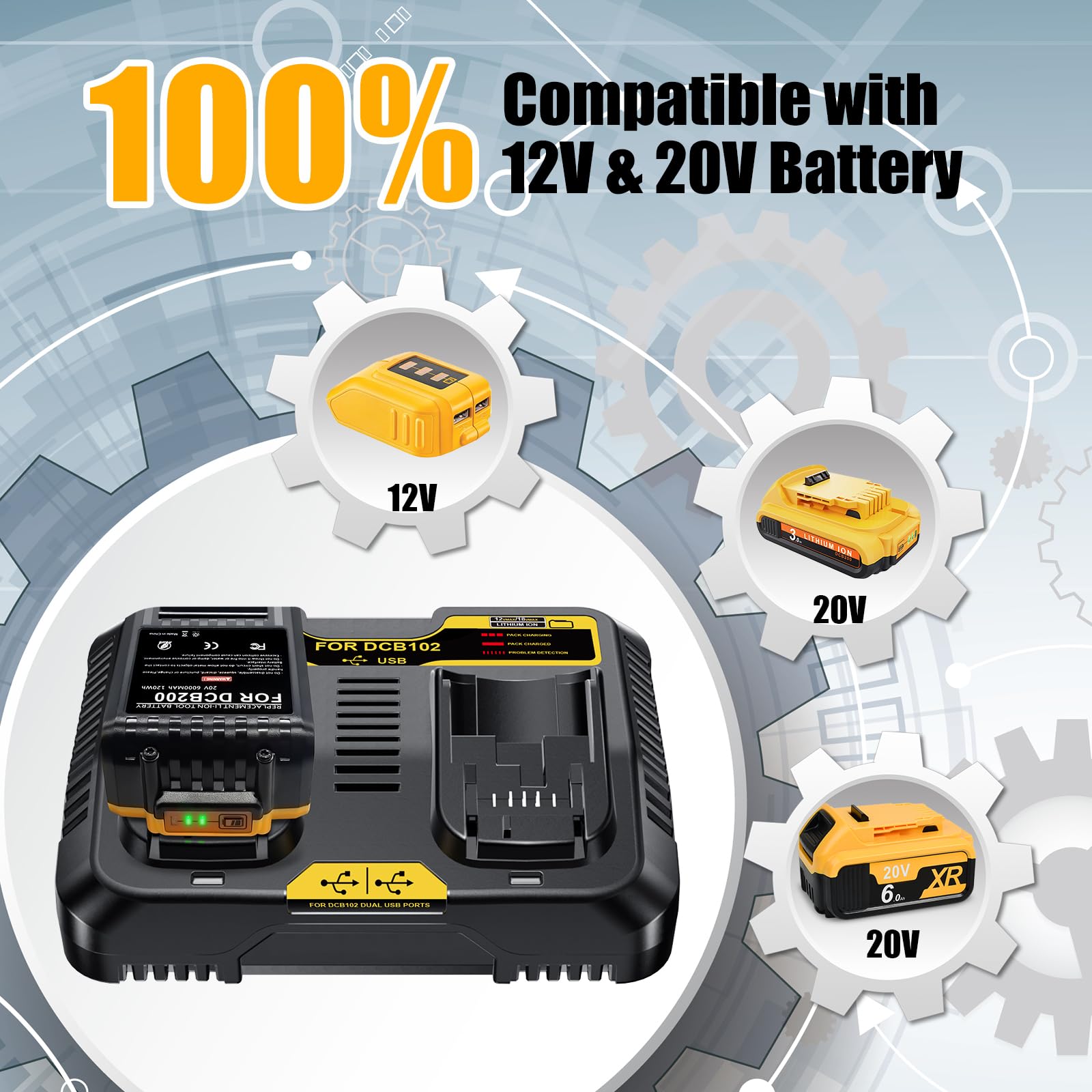 6Ah Replacement Battery for Dewalt 20V Power Tools - Compatible with DCB200/201/204/206/207 & DCB102/DCB102BP Chargers - Long-Lasting Lithium-Ion Battery for Drills, Saws & Outdoor Power Equipment