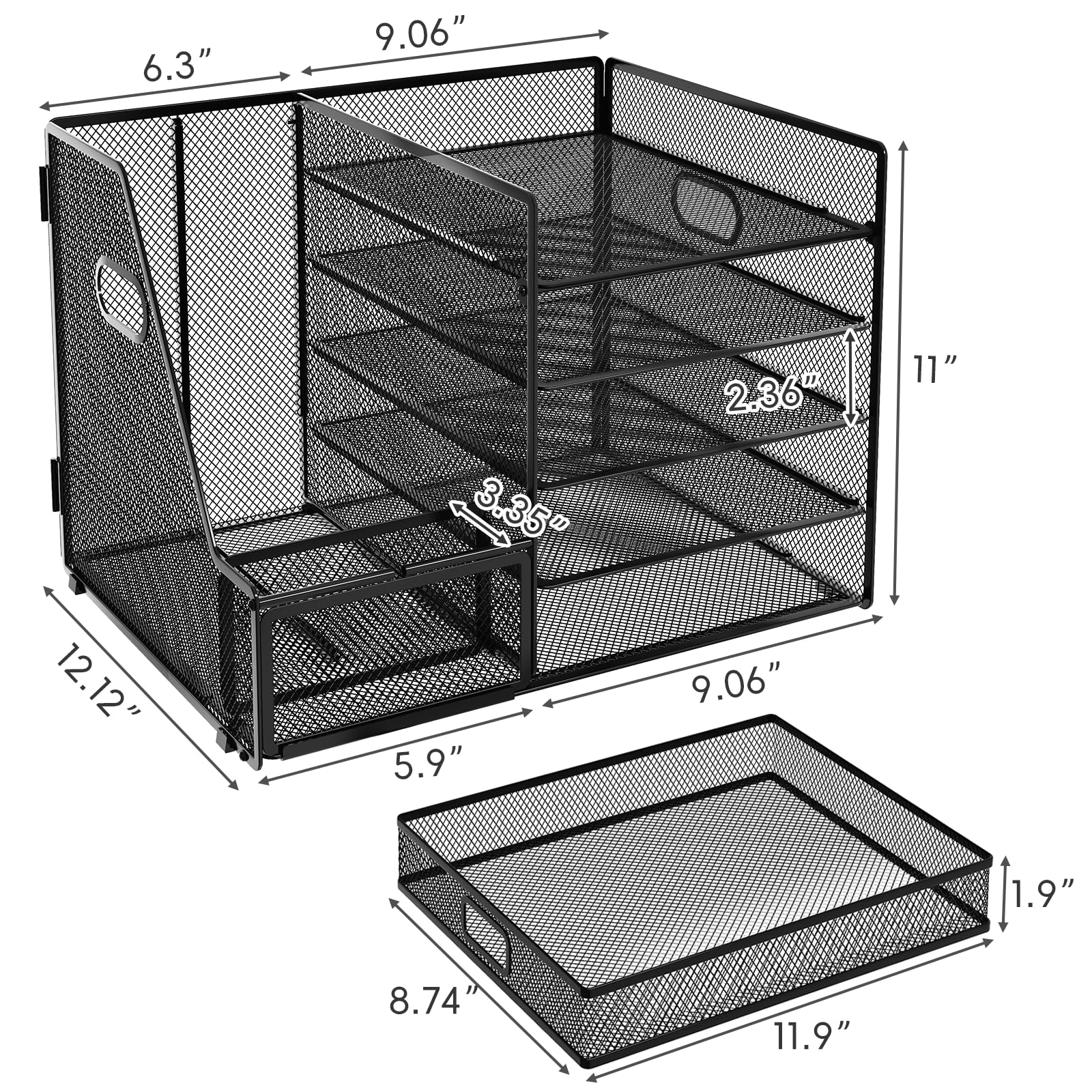 EOOUT 5-Tier Desk File Organizer with Magazine Holder & Drawer - Black Office Desk Accessories Set for Paper, Files, and Supplies - Perfect for Home Office, Workspace, and School Organization