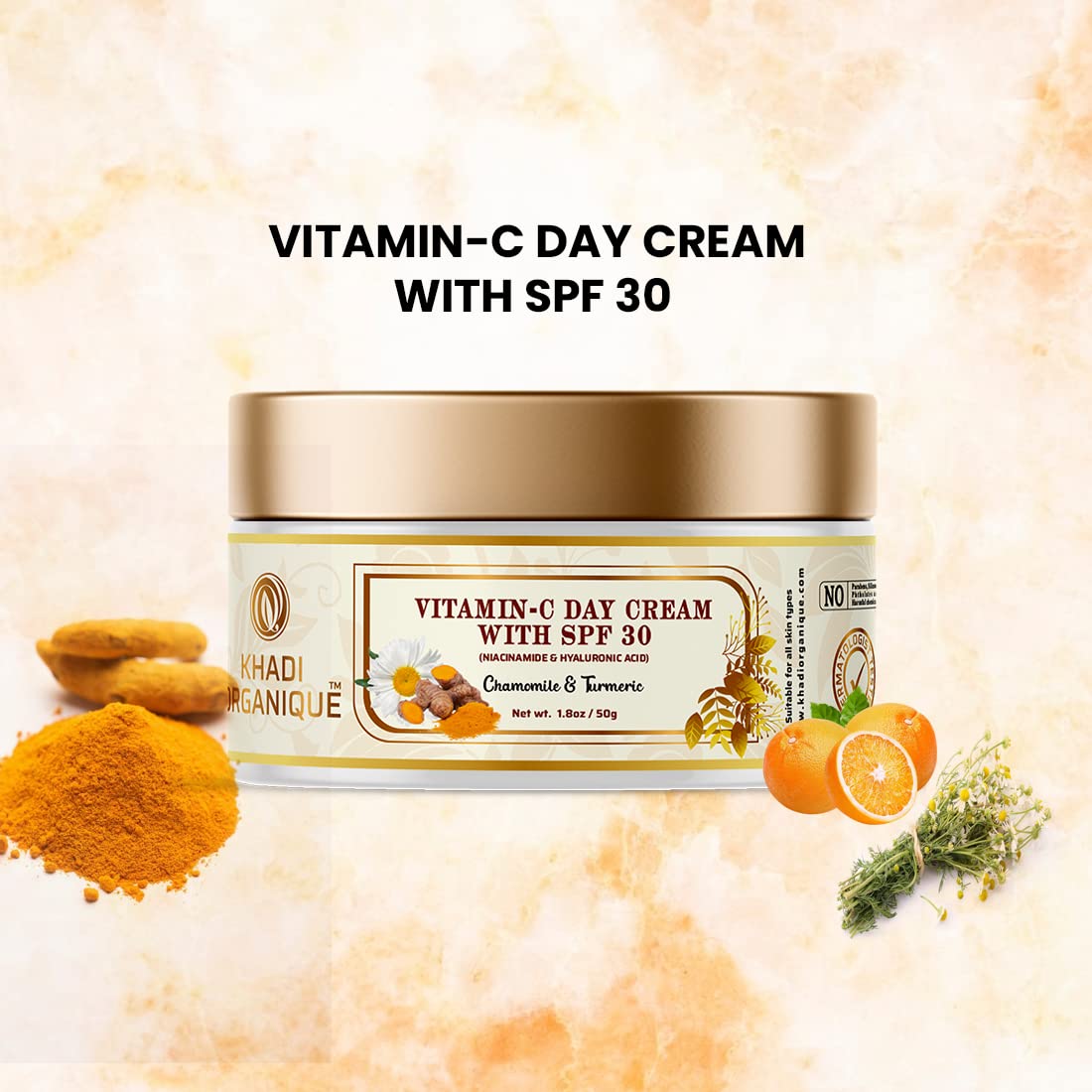 Khadi Organique Vitamin C Day Cream with SPF 30 | Skin Brightening & Sun Protection for Oily & Dry Skin | Daily Moisturizer for Women & Men | Perfect for Daytime Use & Outdoor Activities - 50gm