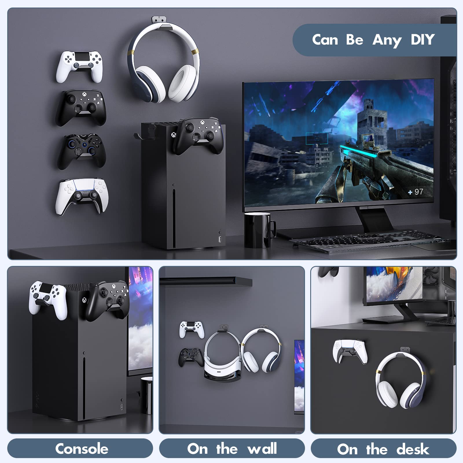 6 Pack Wall Mount Controller & Headphone Holder for PS5, PS4, Xbox & Switch - Adhesive Gaming Accessories Stand with Headset Hook - Perfect for Bedroom, Game Room & Office Organization