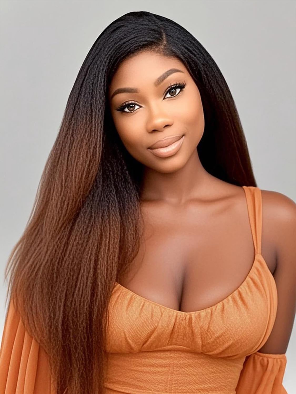 13x4 HD Lace Front Wig Human Hair - Ombre Kinky Straight Pre Plucked with Baby Hair for Black Women | 20 Inch Yaki Straight Lace Frontal Wigs | Perfect for Daily Wear, Parties & Special Occasions