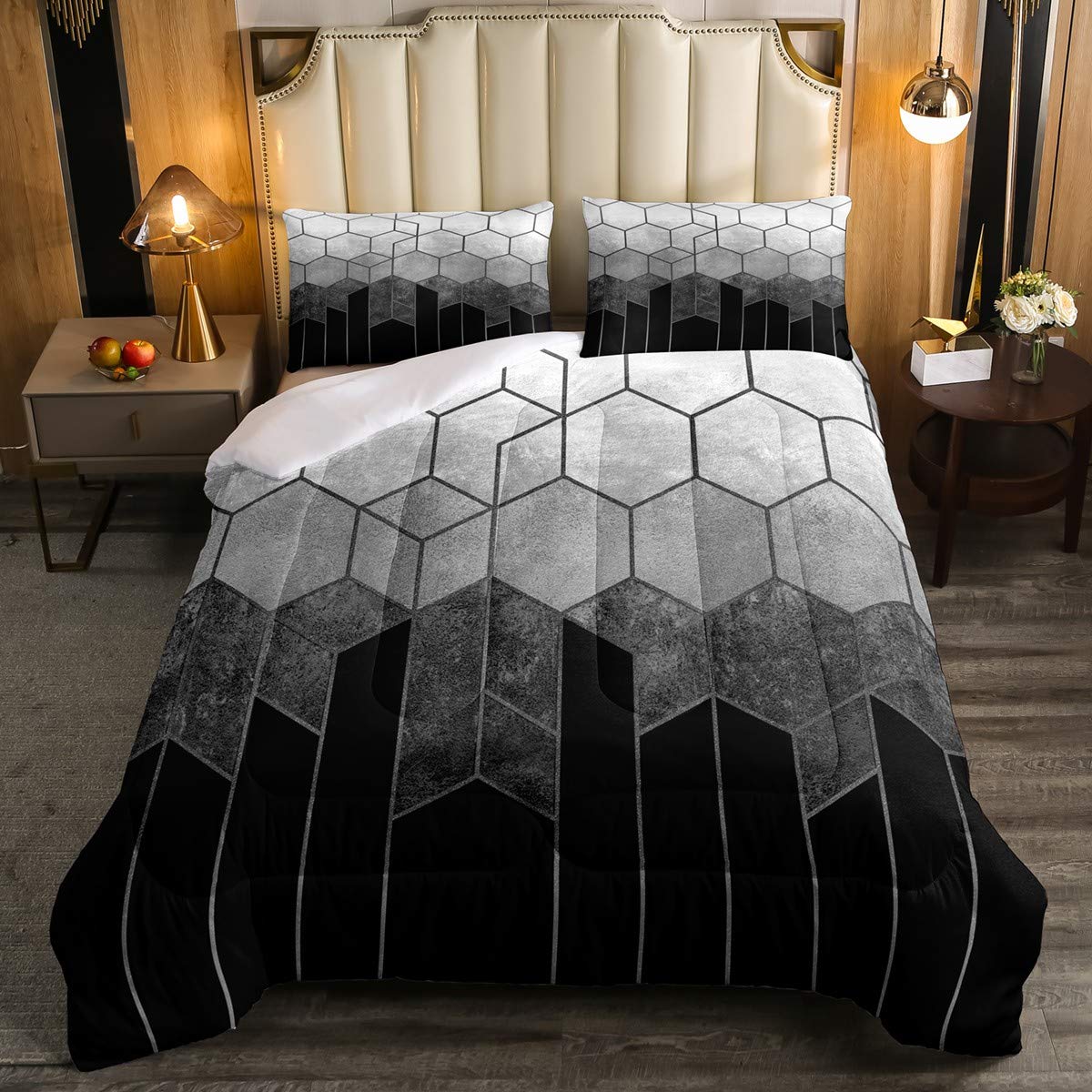 Feelyou Honeycomb Diamond Bedding Set - Modern Geometric Plaid Duvet Cover with Hexagon Design, Textured Grid Stripes & 1 Pillowcase (Twin Size, Black/Gray) - Perfect for Contemporary Bedrooms & Guest Rooms