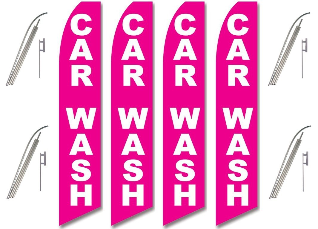 4 Pack Pink Swooper Flags with White Text & Pole Kits - Car Wash Advertising, Grand Opening, Sports Events, and Business Promotions