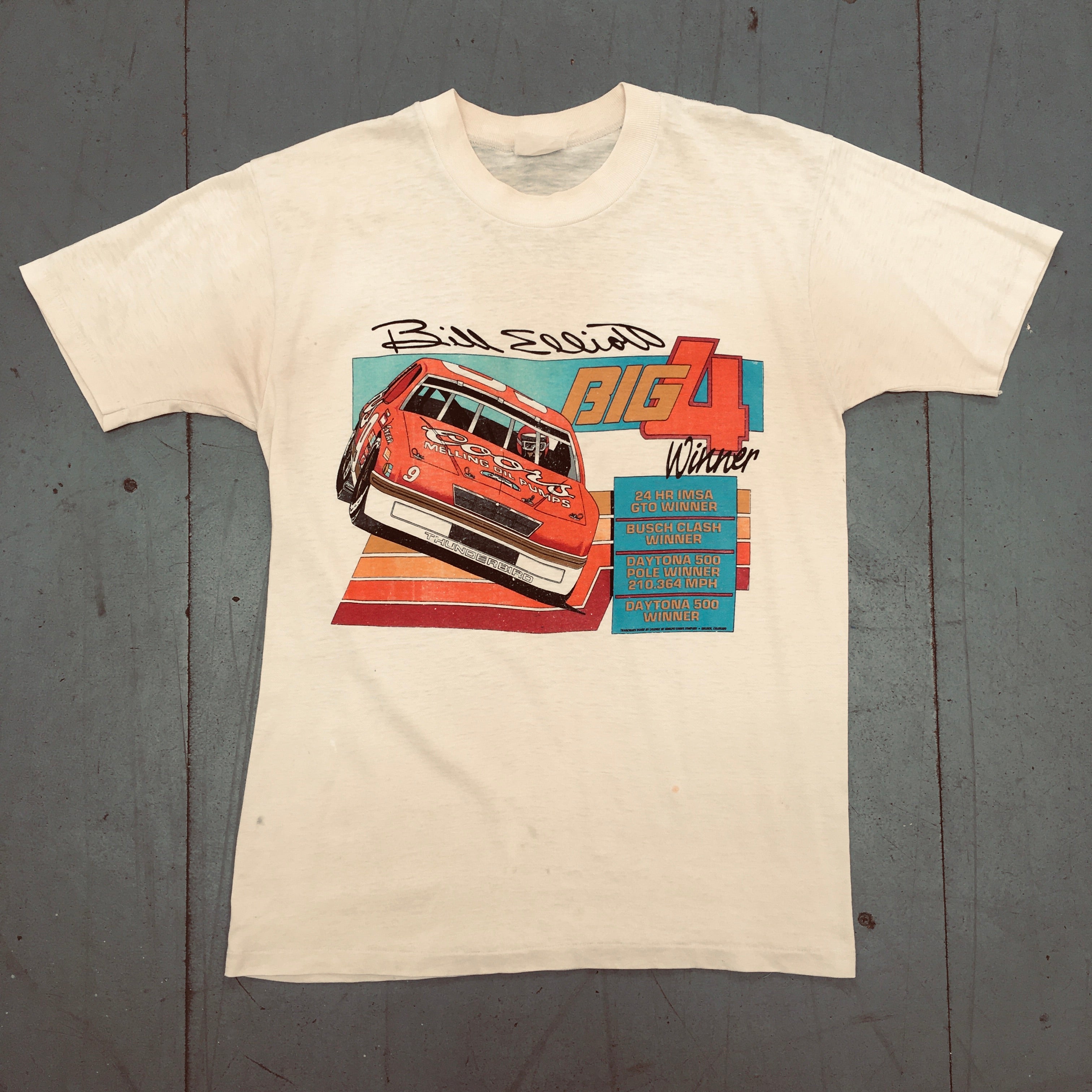 Vintage 1985 Bill Elliott NASCAR Big 4 Winner T-Shirt (Medium) - Classic Racing Fan Apparel for Men