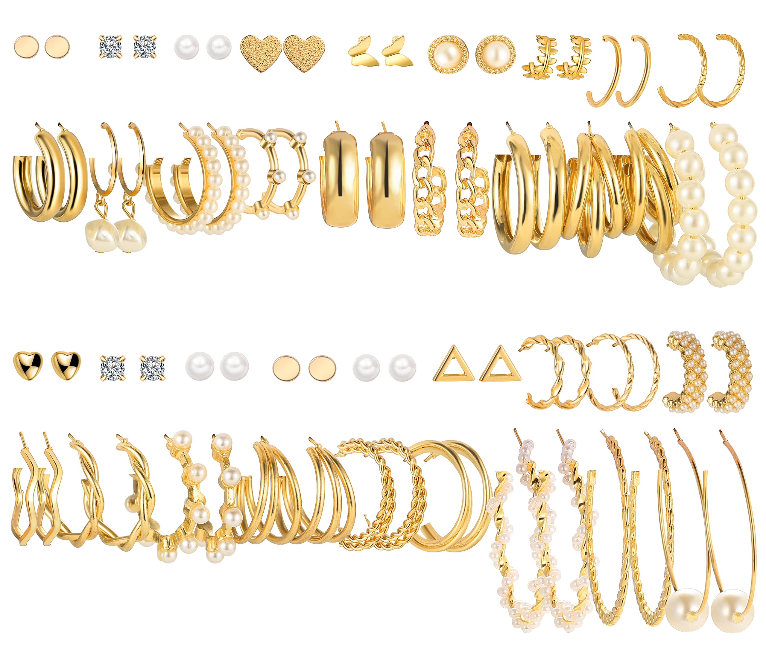 FAXHION 36 Pairs Gold Earrings Set for Women - Fashion Pearl Chain Link Stud Drop Dangle Earrings Multipack Hoop Earrings | Hypoallergenic Jewelry for Birthday Party, Wedding, Anniversary & Daily Wear