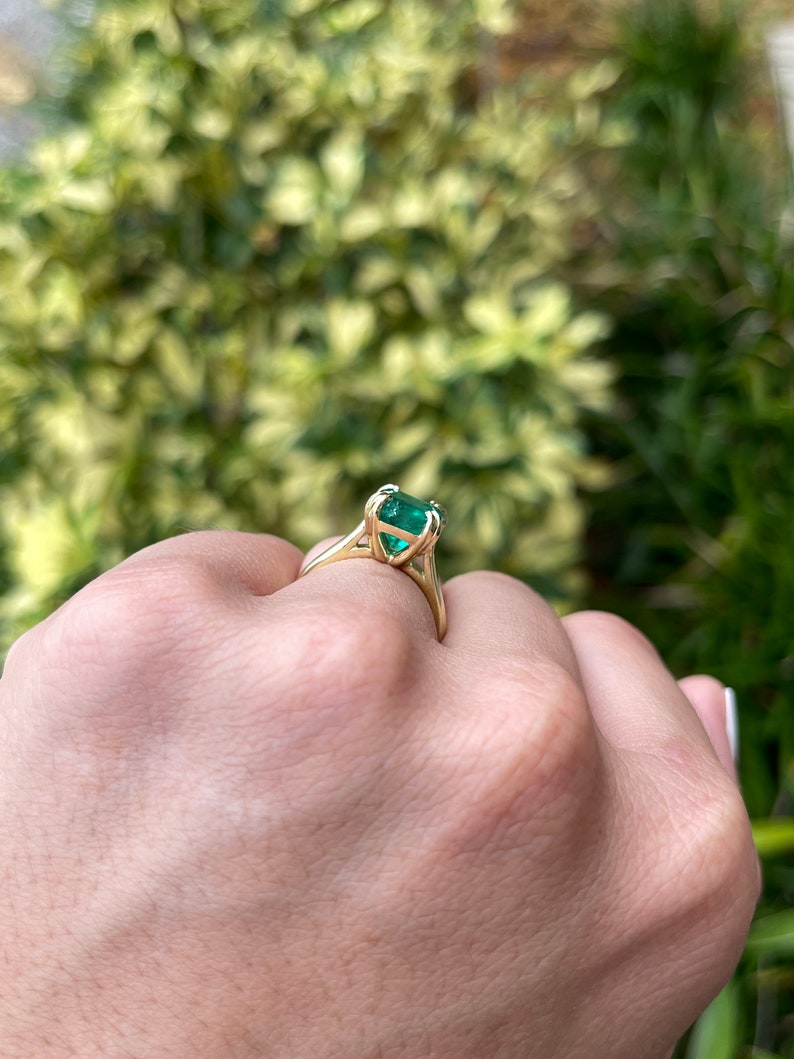 3.24ct AAA+ Vivid Dark Green Emerald Asscher Cut Ring - 18K Solid Yellow Gold Double Prong Claw Setting for Women, Perfect for Engagement, Anniversary & Special Occasions