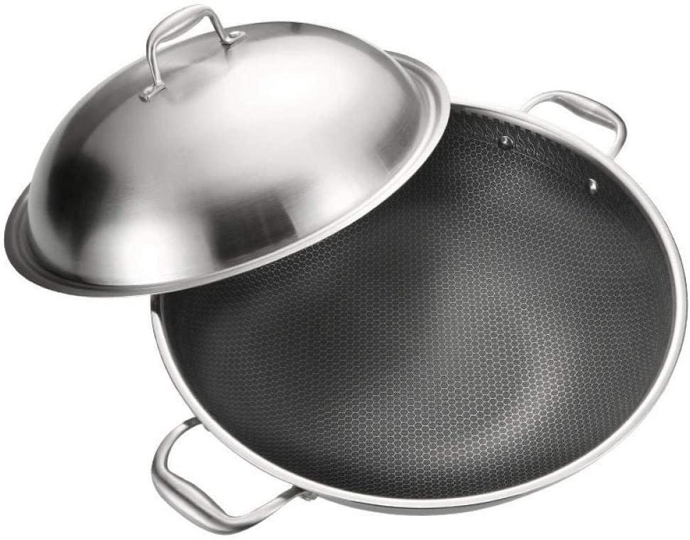 SYXBXZ 34CM 304 Stainless Steel Wok Pan with Lid - Induction & Gas Compatible, Non-Stick Binaural Handle for Stir Frying, Deep Frying & Asian Cooking - Durable Kitchen Cookware Set for Home Chefs