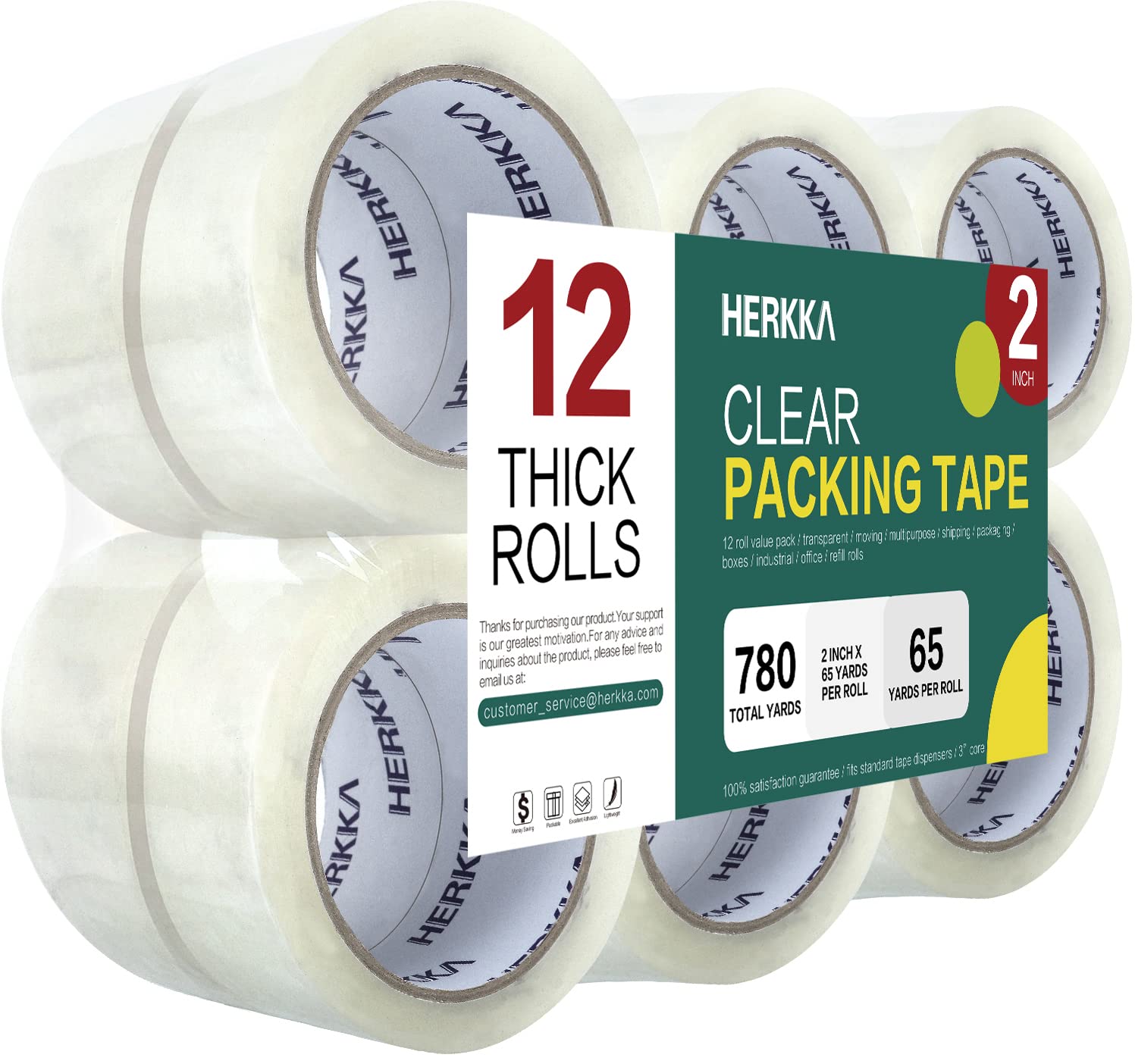 HERKKA Heavy Duty Clear Packing Tape - 12 Rolls, 2 Inch Wide, 65 Yards Per Roll (780 Total Yards) - Strong Shipping, Moving & Sealing Tape for Boxes, Packages & Storage - Ideal for Home, Office & E-commerce Shipping