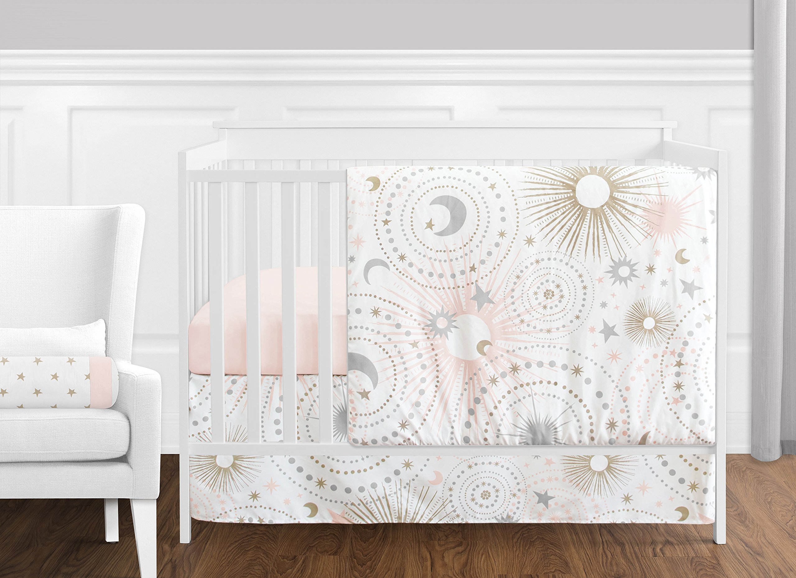 Sweet Jojo Designs 11-Piece Blush Pink, Gold, Grey & White Celestial Star Moon Baby Crib Bedding Set - Soft Nursery Bedding for Girls, Perfect for Newborns & Toddlers (Crib Sheets, Blanket, Skirt)