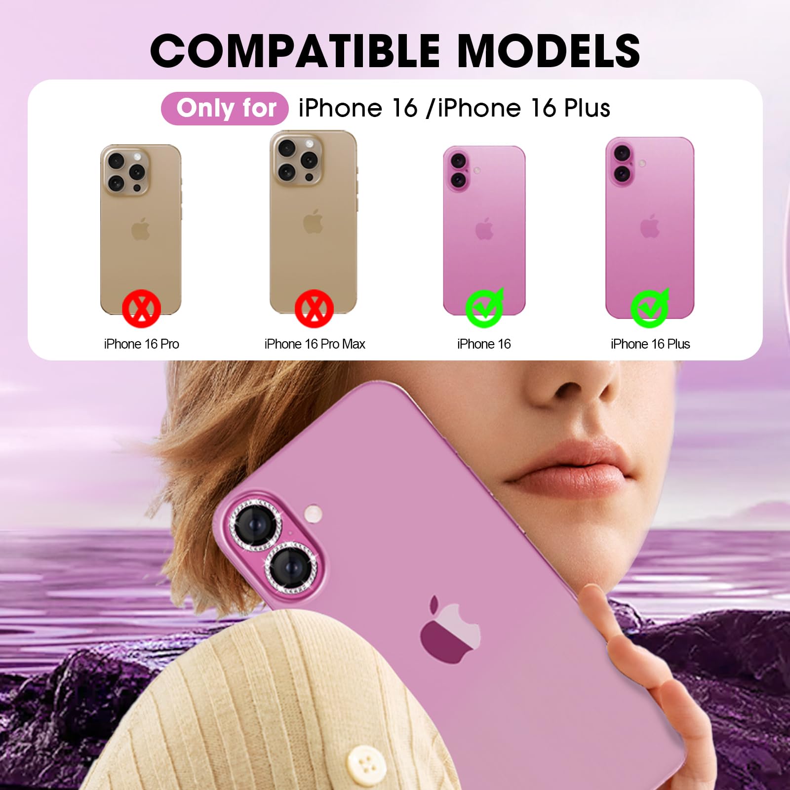Xfilm iPhone 16/16 Plus Camera Lens Protector - Bling Diamond Ring Design, 9H Hardness Scratchproof Cover, Stylish Phone Accessory, Case Friendly (Pink Diamond) - Perfect for Everyday Protection & Fashion Statement