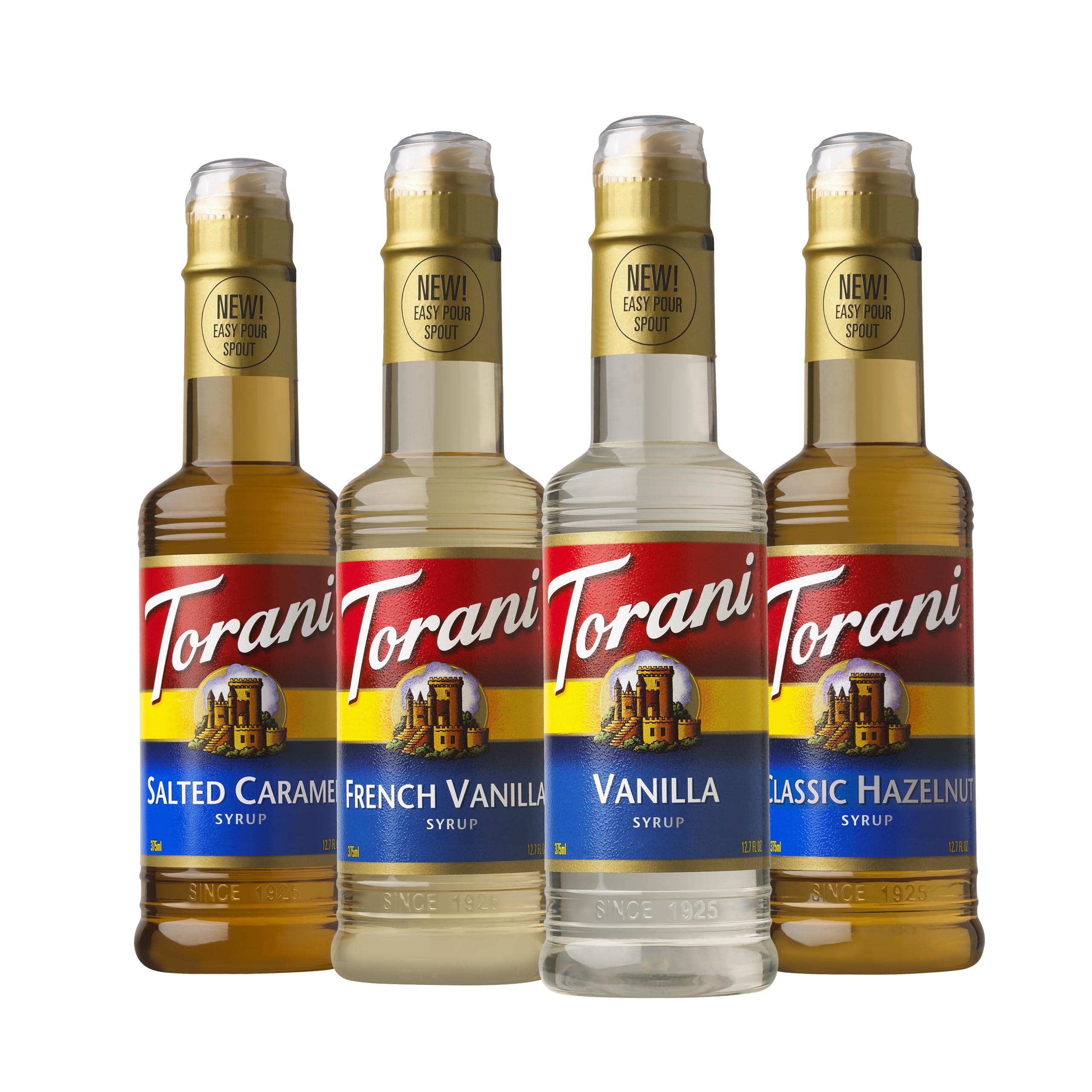 Torani Syrup Variety Pack - Vanilla, Salted Caramel, Hazelnut & French Vanilla (4 x 12.7oz Bottles) - Perfect for Coffee, Cocktails, Desserts & Baking