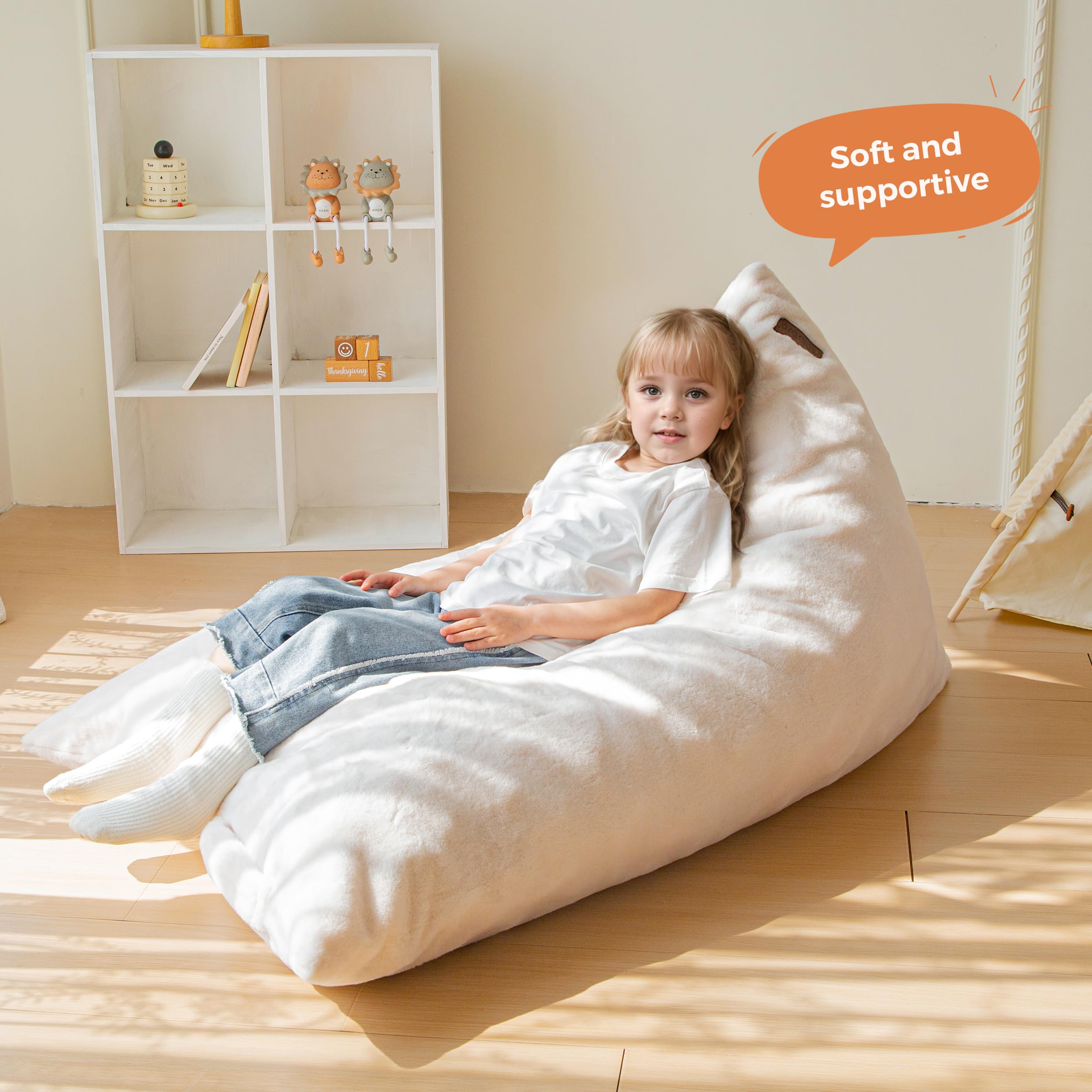 MAXYOYO Kids Bean Bag Chair with Handle - High Density Foam Floor Lounger for Boys & Girls - Soft White Kids Seating for Bedroom, Playroom & Reading Nook