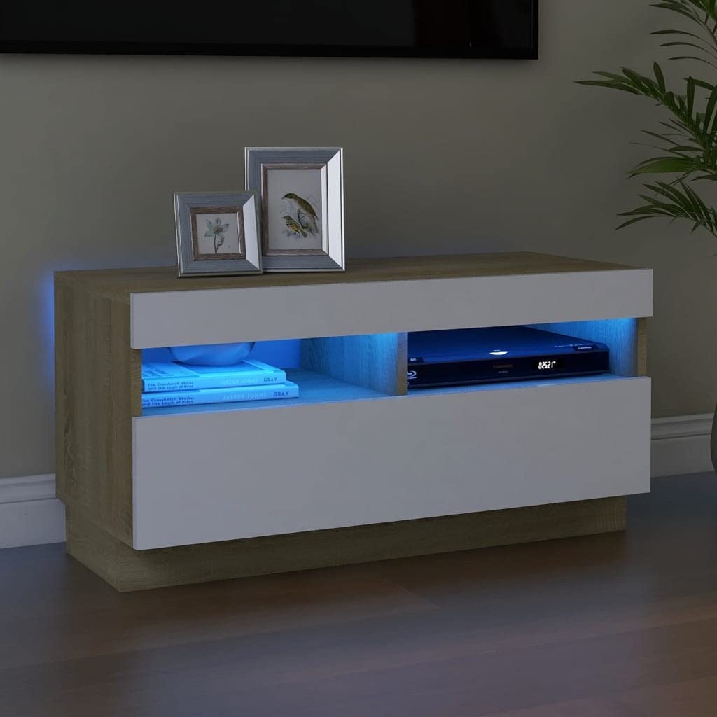 Sywamol TV Stand for 65 Inch TV with Storage & LED Lights - 32x14x16 Inches, White & Sonoma Oak TV Cabinet - Perfect for Living Room, Bedroom, Home Theater & Entertainment Center Setup