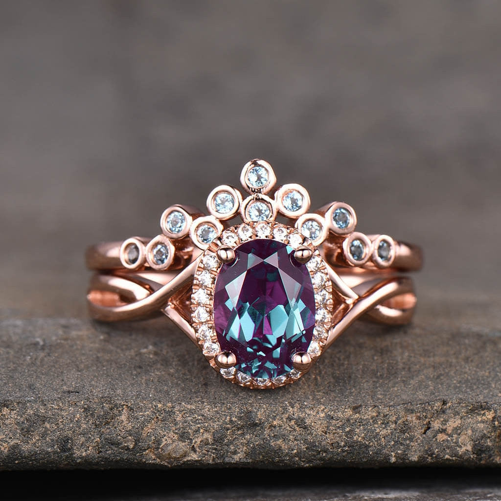 1.2 Carat Infinity Alexandrite & London Blue Topaz Engagement Ring Set with Matching Band - Perfect for Weddings, Anniversaries, and Special Occasions
