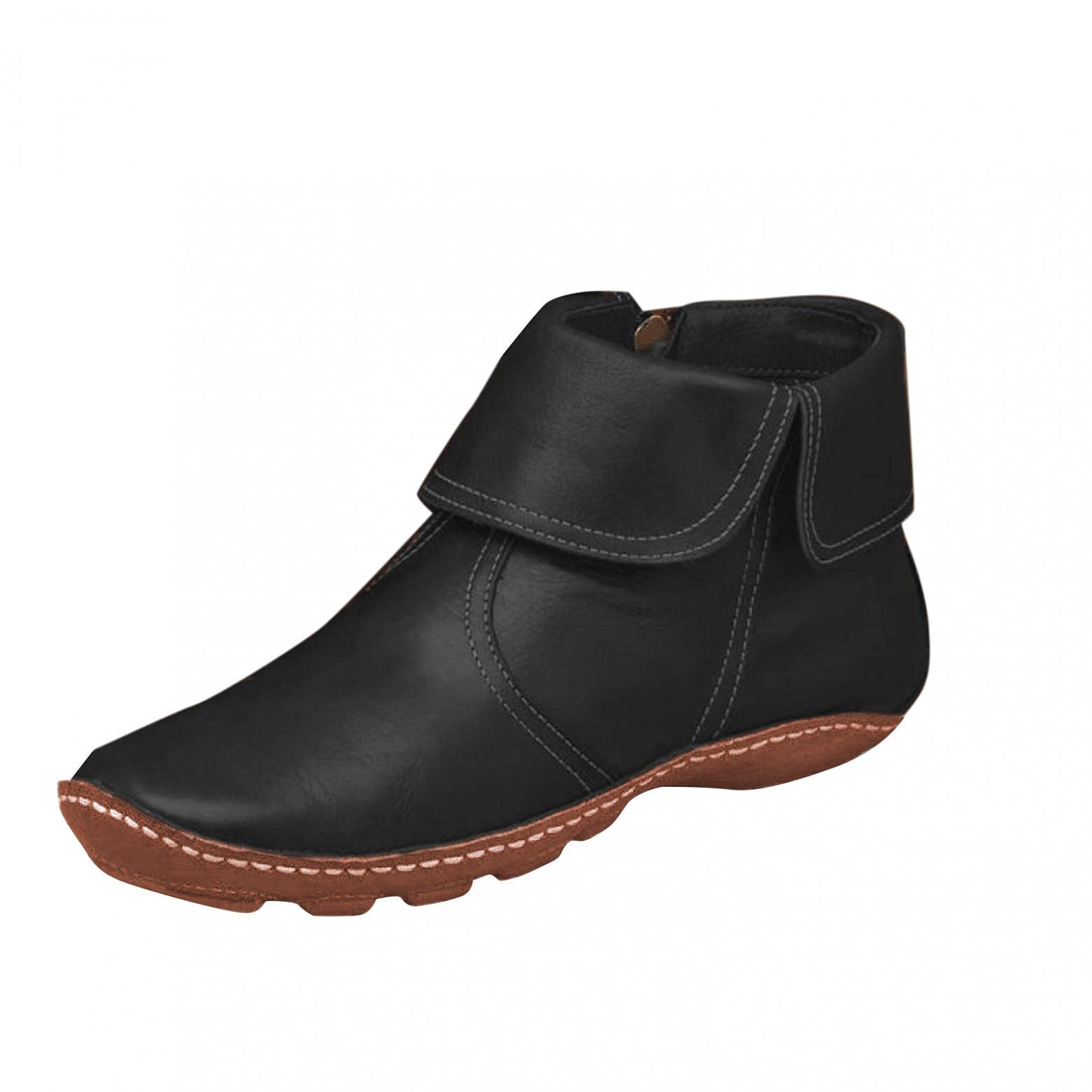 UOCUFY Women's Leather Ankle Boots with Side Zipper - Fashion Round Toe Slip On Wide Width Shoes for Casual Wear & Office Outfits