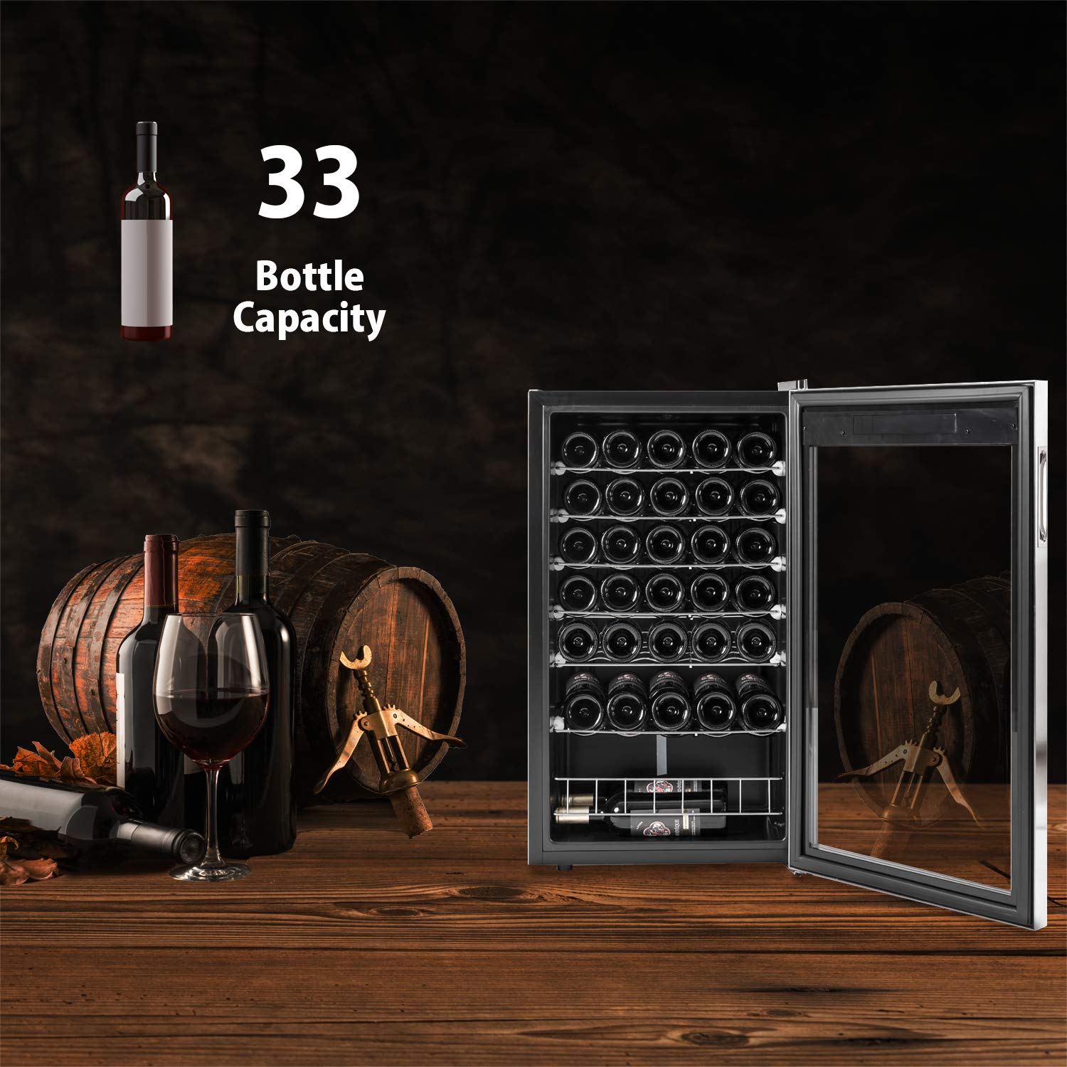 33 Bottle Wine Cooler - 48cm Under Counter Wine Fridge with Glass Door, Touch Screen & LED Light, 95L Capacity - Stainless Steel Frame, Black - Perfect for Kitchen, Bar, Restaurant & Home Cellar Storage