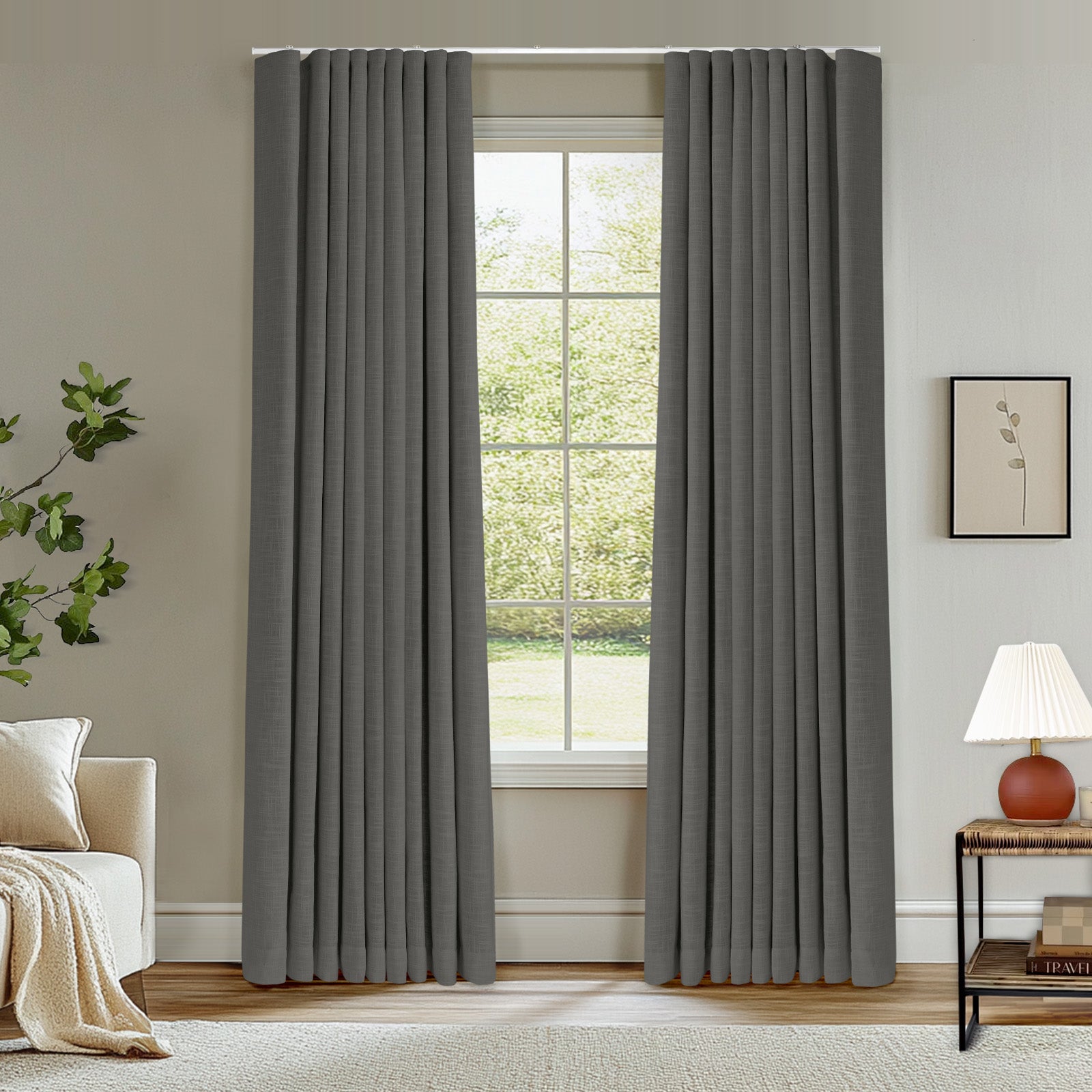 Blackout Curtains - Ripple Fold Lille Linen Memory Fabric Custom Drapes with Ceiling Track | Light Khaki | Noise Reducing & Room Darkening for Bedroom, Living Room & Nursery