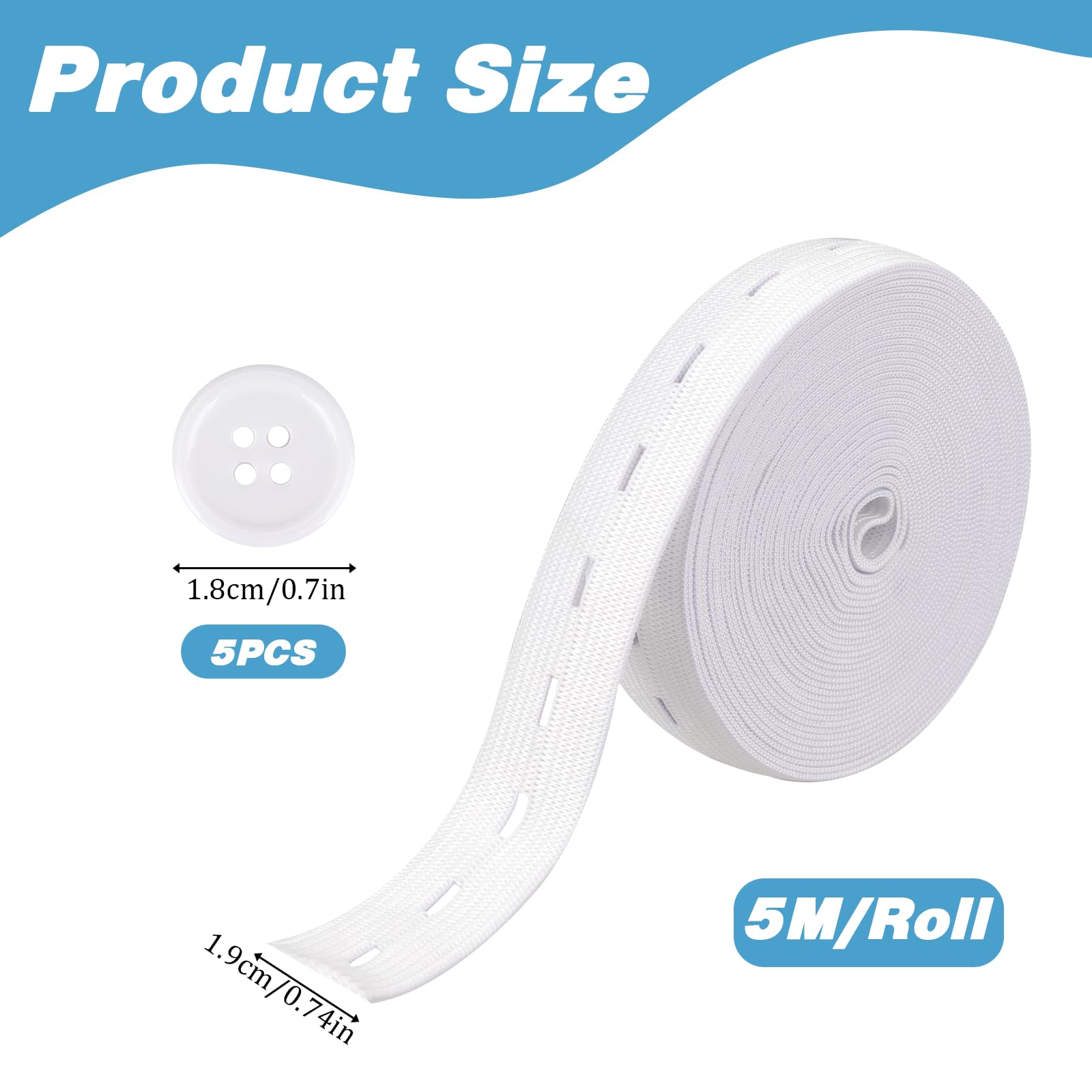 3/4 Inch High Elasticity Knit Elastic Band for Sewing - DIY Craft Supplies with 5PCS 18mm White Buttons & Buttonholes, Spool Pant Waist Tightener (5.5 Yards, White) - Perfect for Waistbands, Face Masks & DIY Clothing Accessories