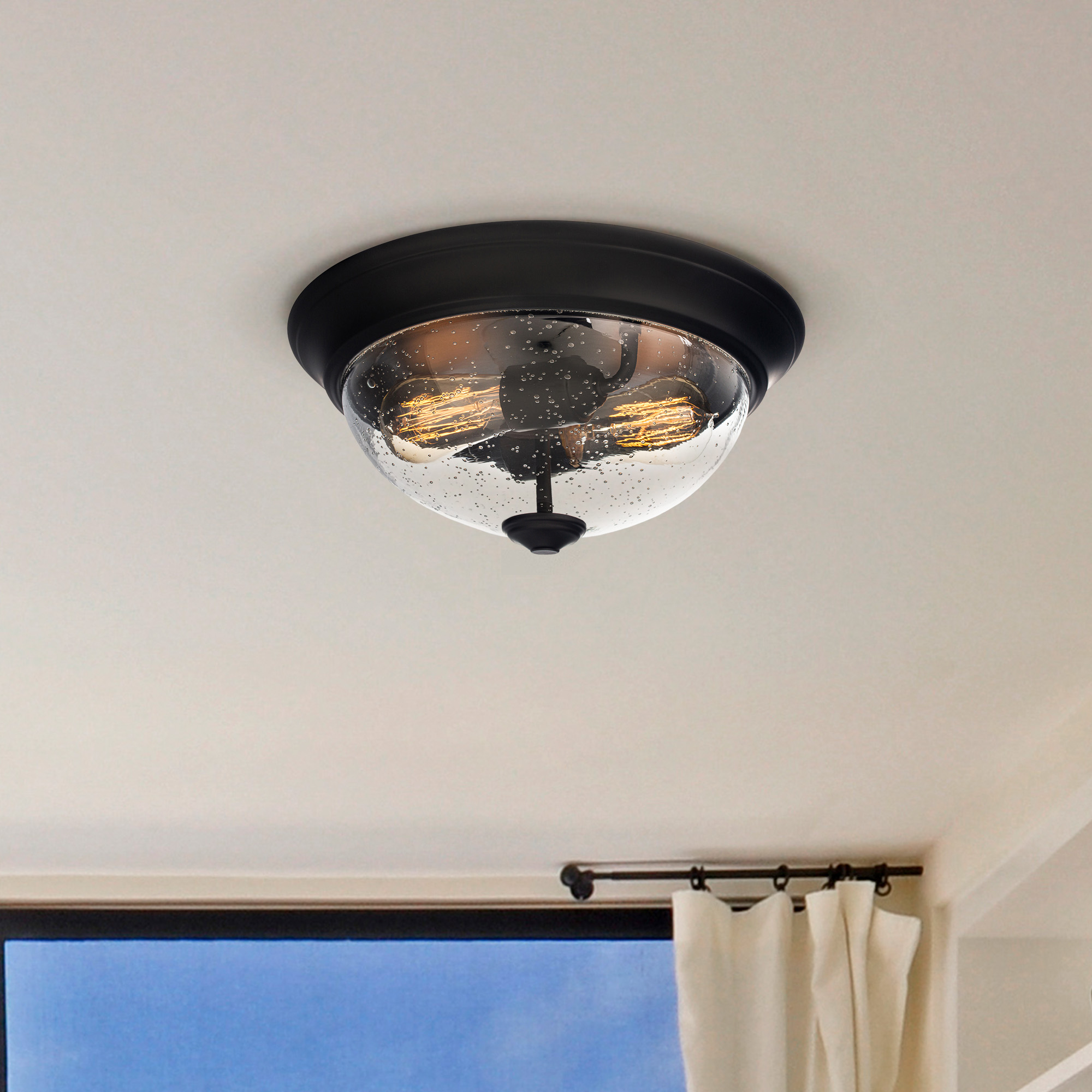 13 Inch Designer Flush Mount Bowl Light - Clear Seeded Glass with Bronze Finish for Dining Room, Bedroom or Hallway Lighting