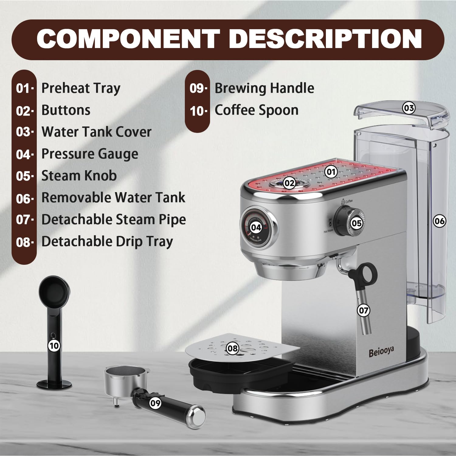 Beiooya 20 Bar Espresso Machine with Milk Frother - Professional Stainless Steel Coffee Maker for Home, 37oz Water Tank - Perfect for Cappuccino, Latte & Espresso - Ideal Gift for Coffee Lovers (Mom, Dad) - Great for Home Brewing, Entertaining & Gifting