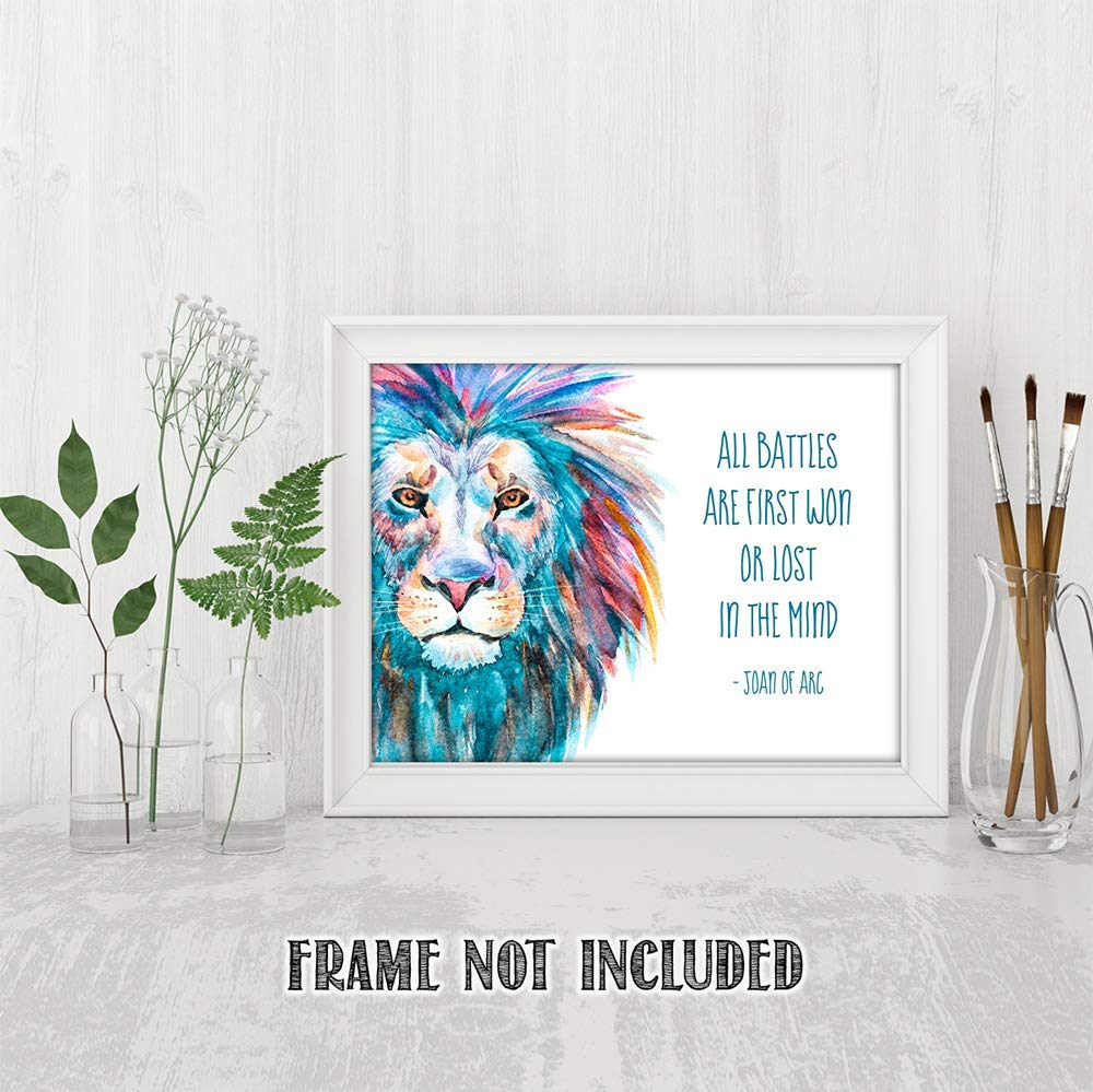 TJ Originals - 'All Battles Are First Won or Lost in the Mind' Joan of Arc Christian Bible Quote Wall Art Print - 11x14 Inspirational Scripture Decor for Home, Office & Church - Motivational Gift for Family & Friends (Brave Lion Design)