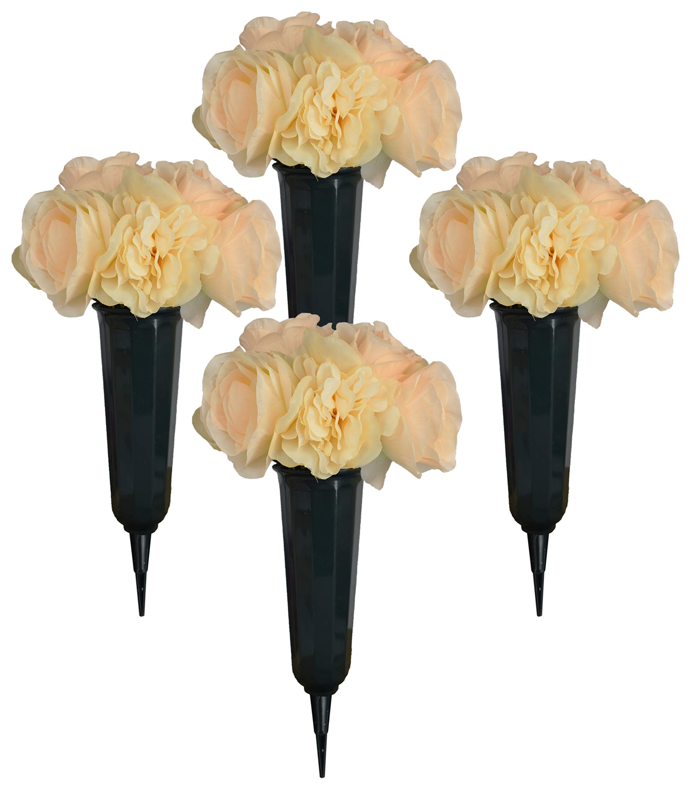 White Rose Bouquets - Set of 4 Artificial Flower Arrangements with Green Cemetery Vases - Elegant Home Decor & Memorial Flowers for Graveside, Funerals, and Sympathy Gifts