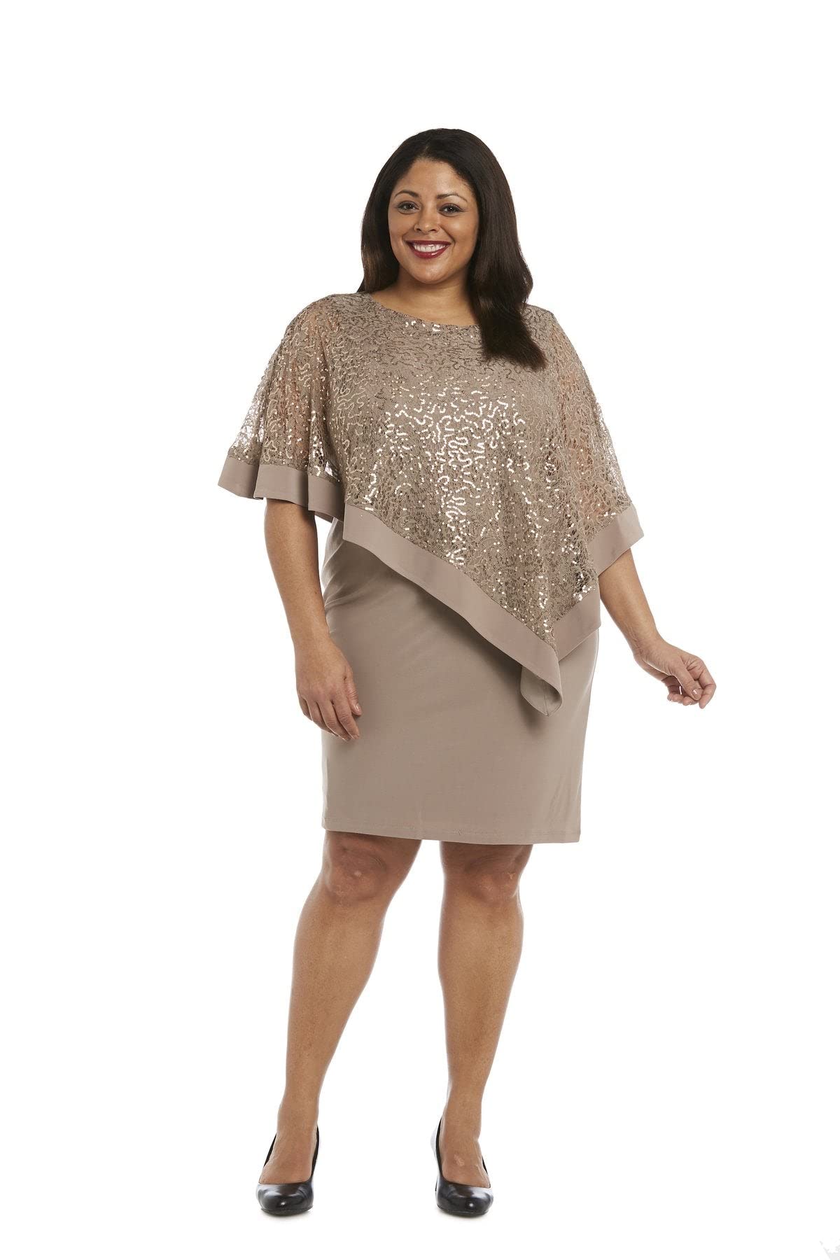 R&M Richards Women's Navy Plus Size Sequin Lace Poncho Party Dress - Elegant Cocktail Dresses for Special Occasions (20W, Mocha) | Perfect for Weddings, Holiday Parties & Evening Events