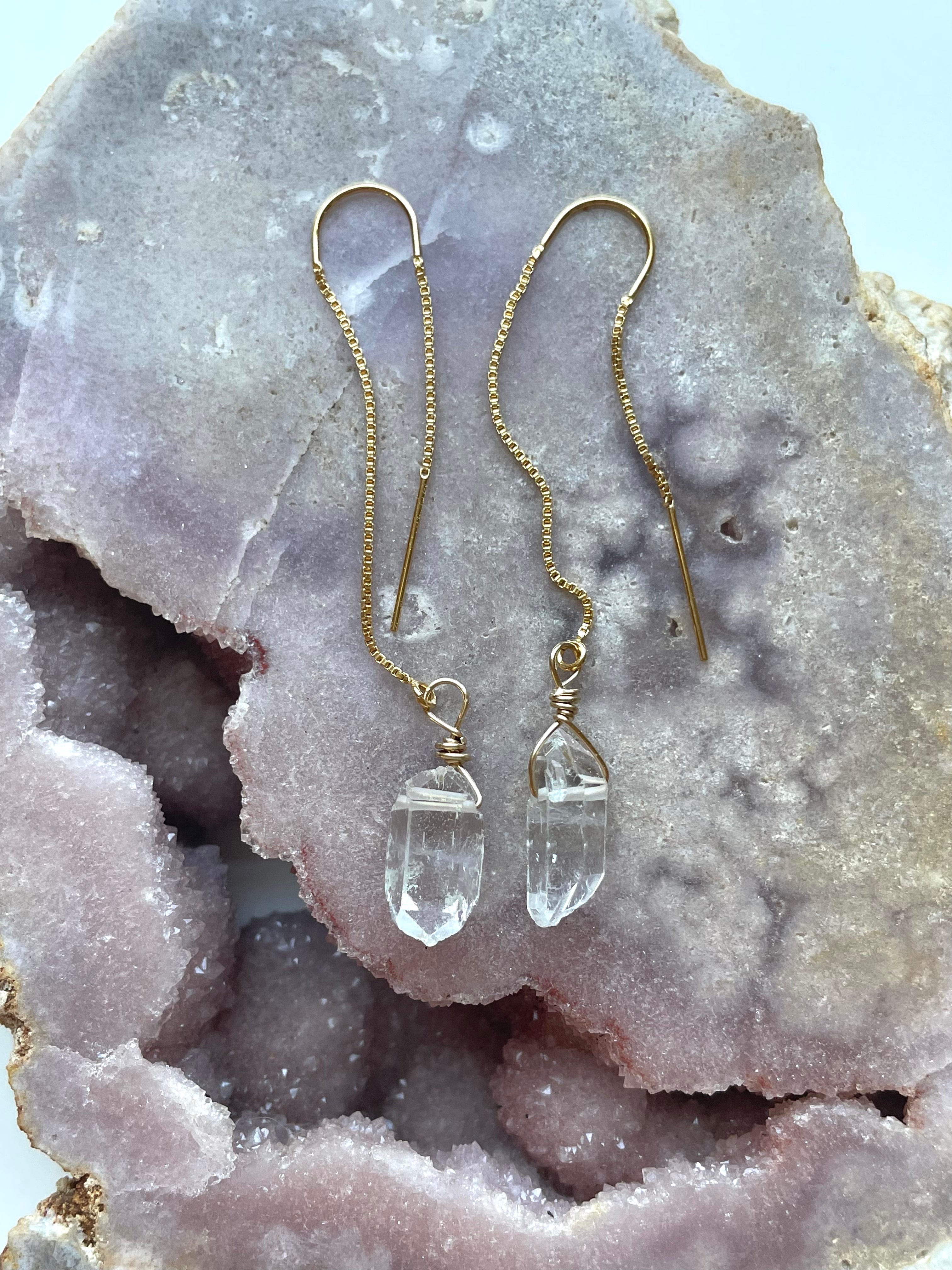 Raw Crystal Quartz Threader Earrings - Gold Filled or Sterling Silver Dangle Earrings for Women | Boho Chic Jewelry for Everyday Wear & Special Occasions