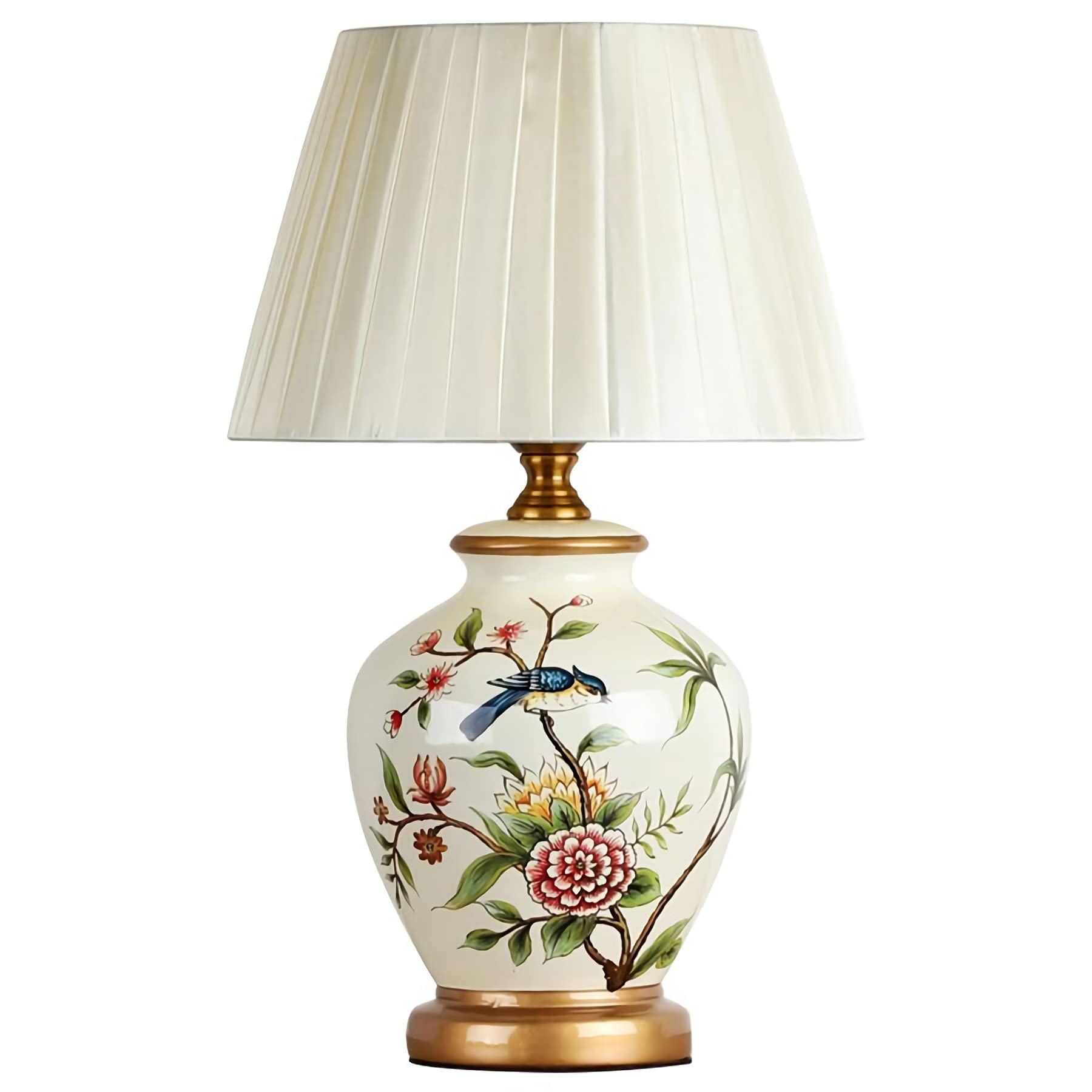 Modern Asian Chinese Style Ceramic Table Lamp with Fabric Bell Shade - Traditional Home Decor for Living Room, Bedroom, Office & Nightstand | Perfect for Beach House, Entryway & Family Spaces (White)