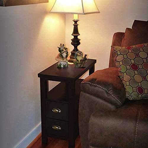 Rustic Espresso Narrow End Table with 2 Drawers & Storage Shelf - Nightstand for Bedroom, Living Room Chairside Table with Bin Drawer - Perfect for Small Spaces, Apartment Decor & Bedside Organization