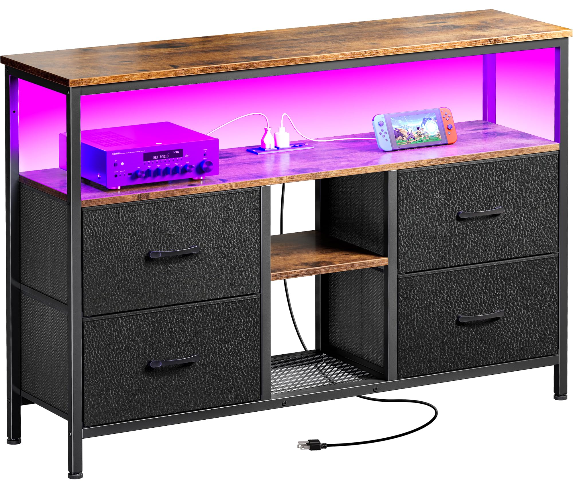 Huuger TV Stand with Power Outlets & LED Lights - 4 Drawer Media Console with Open Shelf for 50-43 Inch TVs - Rustic Brown & Black PU Finish Dresser - Perfect for Living Room, Bedroom & Home Theater Setup