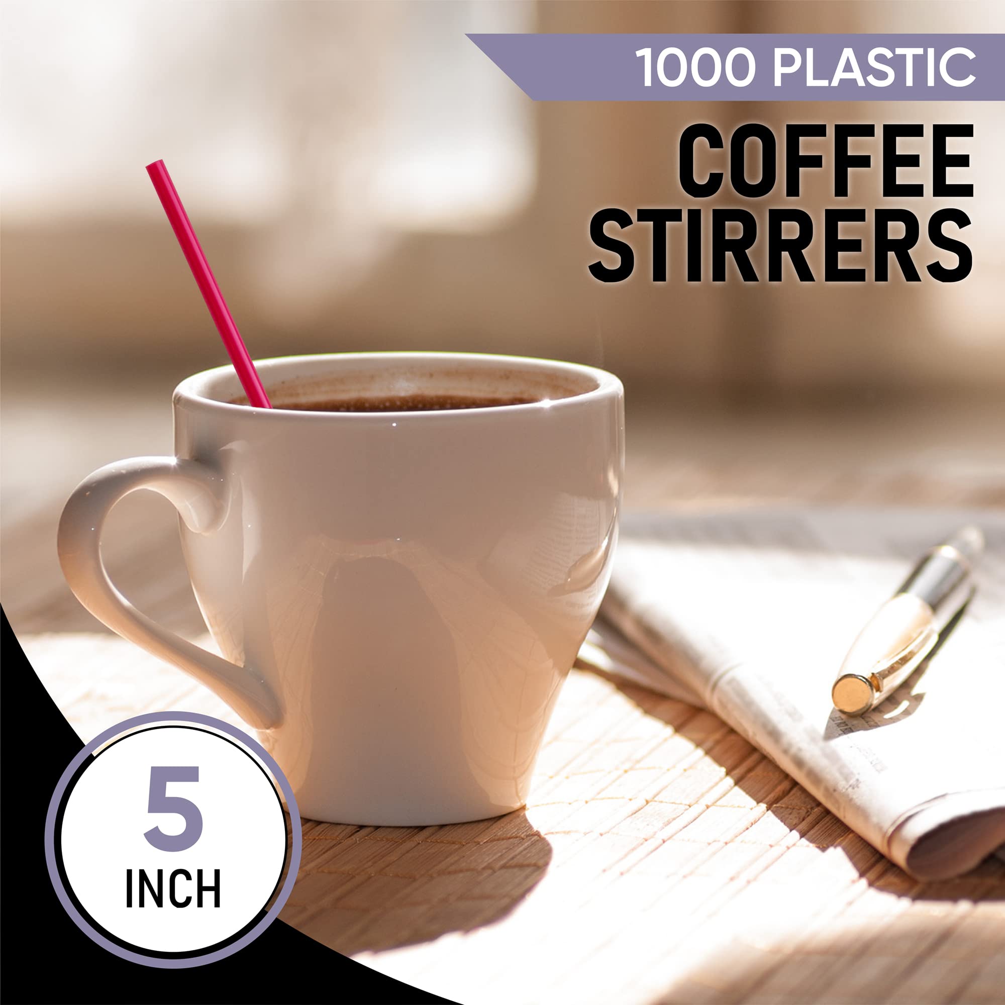 1000 Plastic Coffee Stirrers - 5 Inch Disposable Cocktail Straws & Stir Sticks for Coffee Bars, Restaurants, and Home Use - Made in USA (Red) - Perfect for Hot/Cold Beverages, Smoothies, and Party Drinks