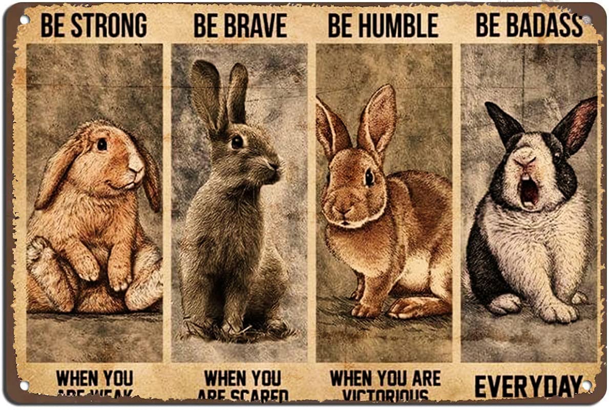 Vintage Bunny Rabbit Poster with Motivational Quote - Retro Tin Sign Wall Art for Home, Kitchen, Bar & Cafe Decor - 12x8 Inch Rustic Metal Sign for Beer Themed Spaces & Vintage Style Interiors