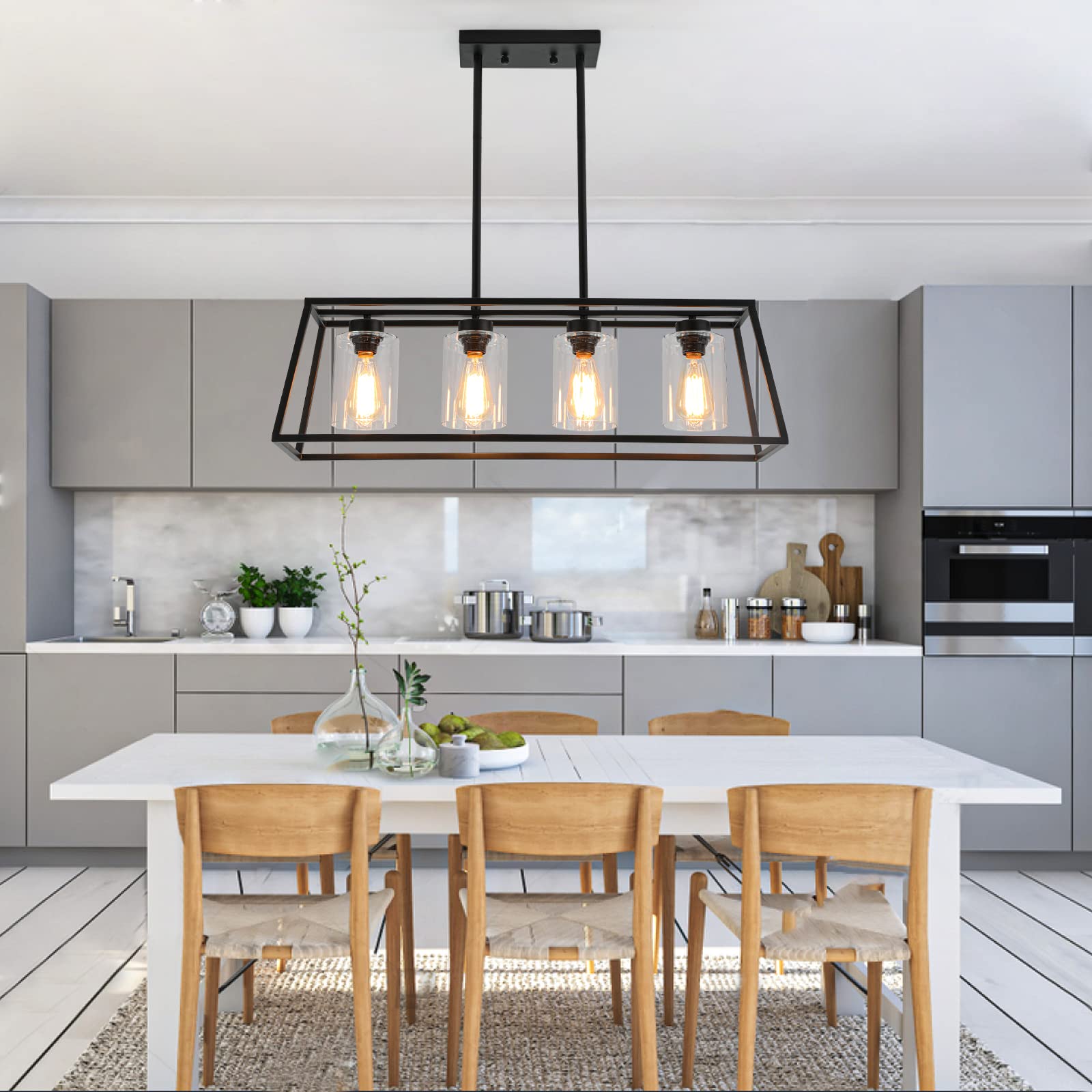 Black Farmhouse Chandeliers for Dining Room, Rustic Kitchen Island Pendant Light, 4-Light Linear Pendant Lamp with Glass Shade, Perfect for Dining Room Lighting Over Table and Kitchen Island