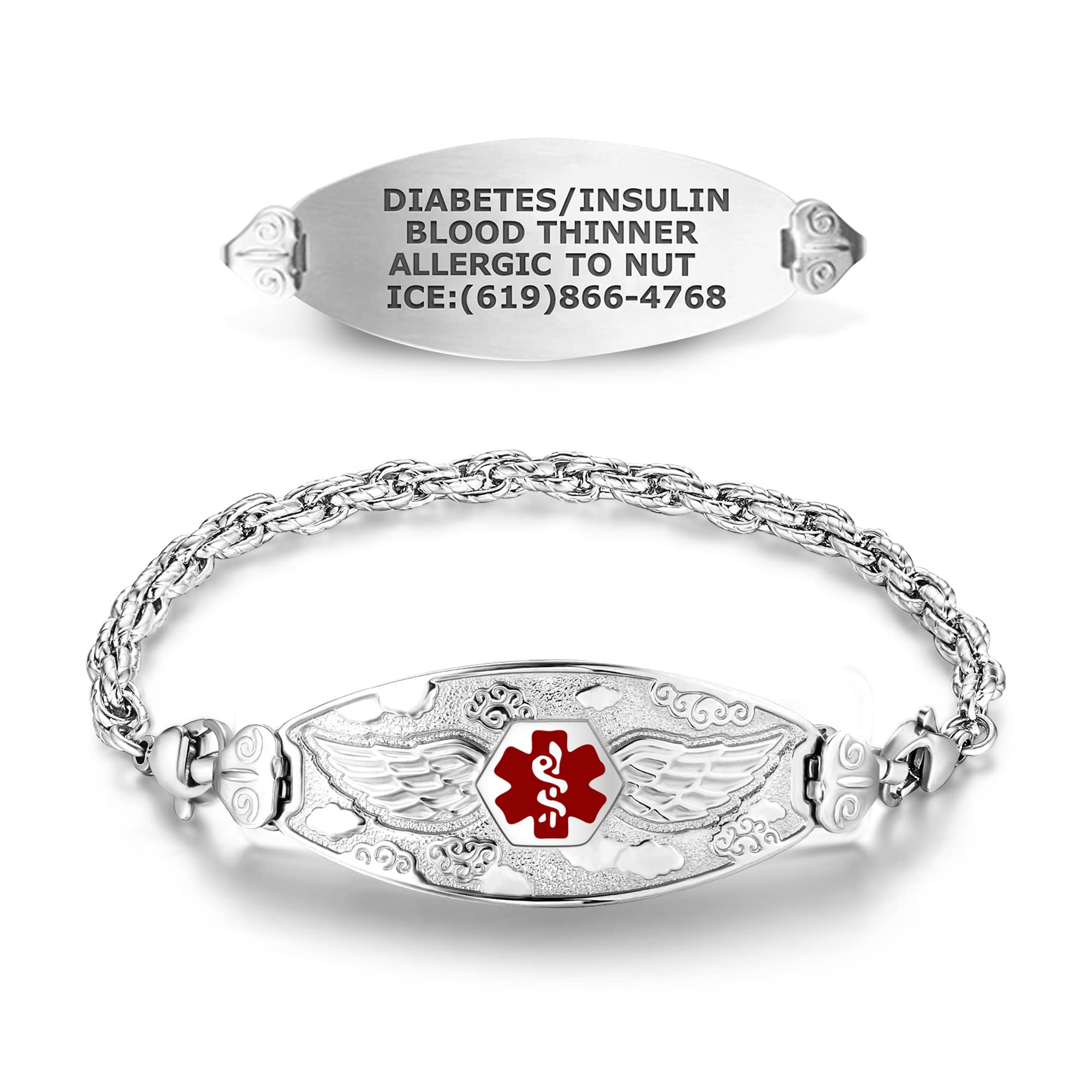 Divoti Custom Engraved Medical Alert Bracelets for Women - Stainless Steel Medical ID Bracelet with Free Engraving - Angel Wing Tag with Rope - Adjustable Size & Color Options - Perfect for Emergency Health Identification & Everyday Wear
