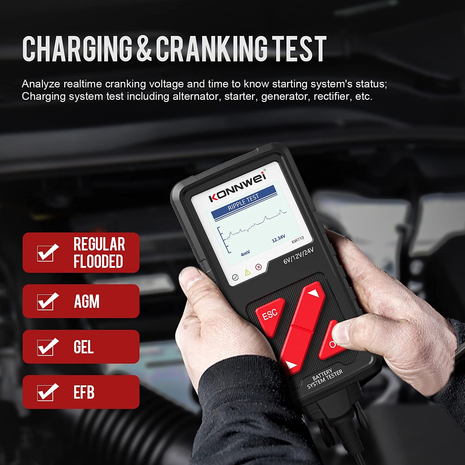 KW208 & KW710 6V 12V 24V Car Battery Tester - Digital Automotive Battery Analyzer for Cars, Trucks, Motorcycles - Perfect for Home Mechanics & Auto Shops