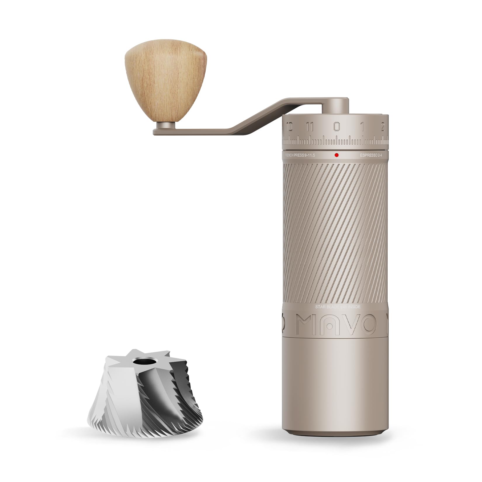 MAVO Professional Manual Coffee Grinder - 45mm Stainless Steel Burr, 30g Capacity, 120 Click Adjustable for Espresso & Pour Over - Portable Hand Coffee Mill for Home, Camping & Travel (Silver)